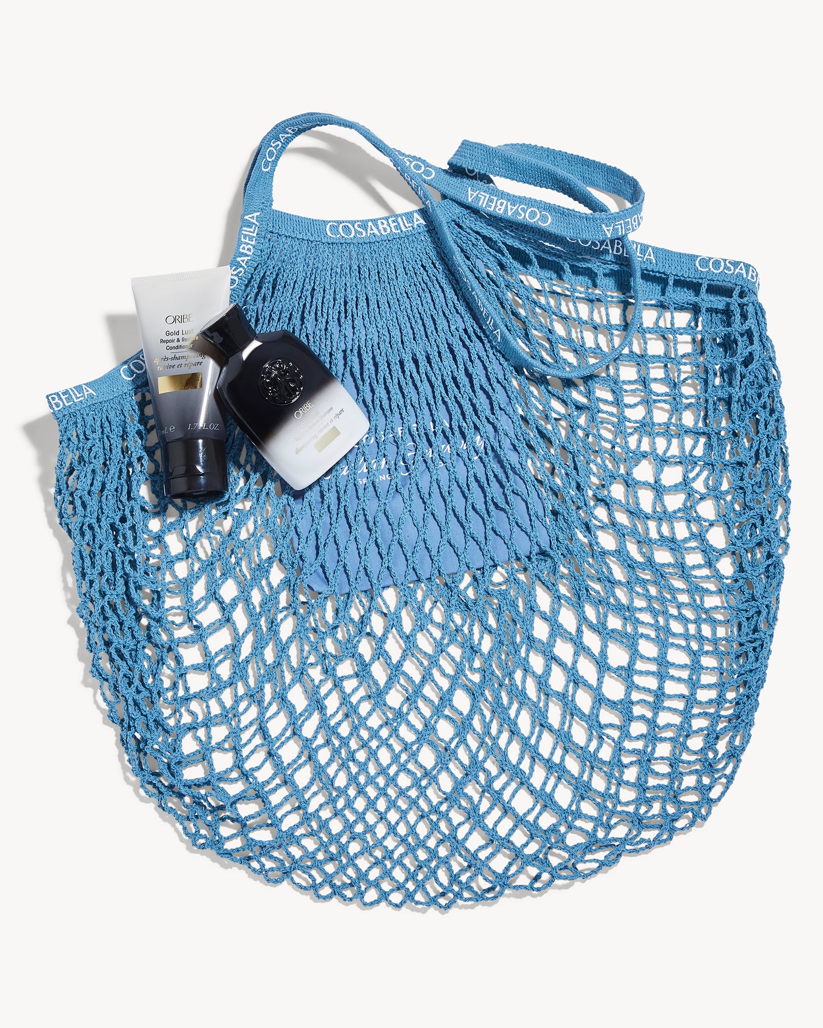 Cosabella Mesh Beach Tote Bag & Travel-Size Oribe Shampoo & Conditioner