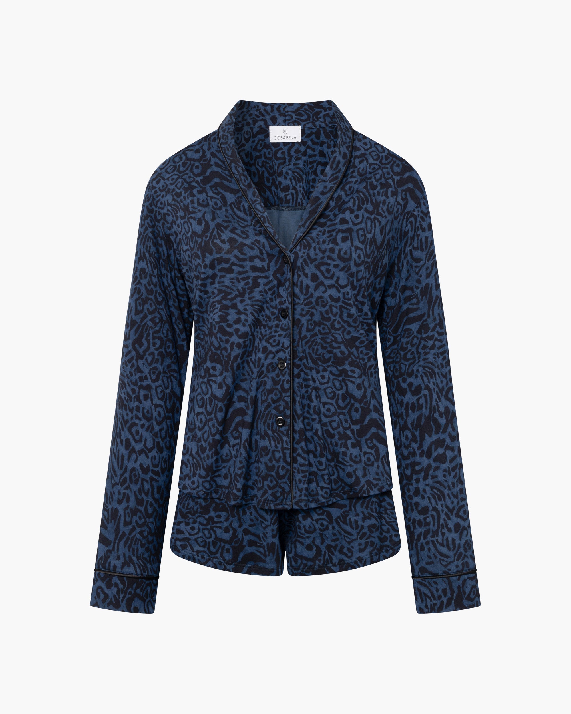 Blau Set - Pima Lusso Printed Bedrucktes Langarm-Top & Boxer-Pyjama-Set