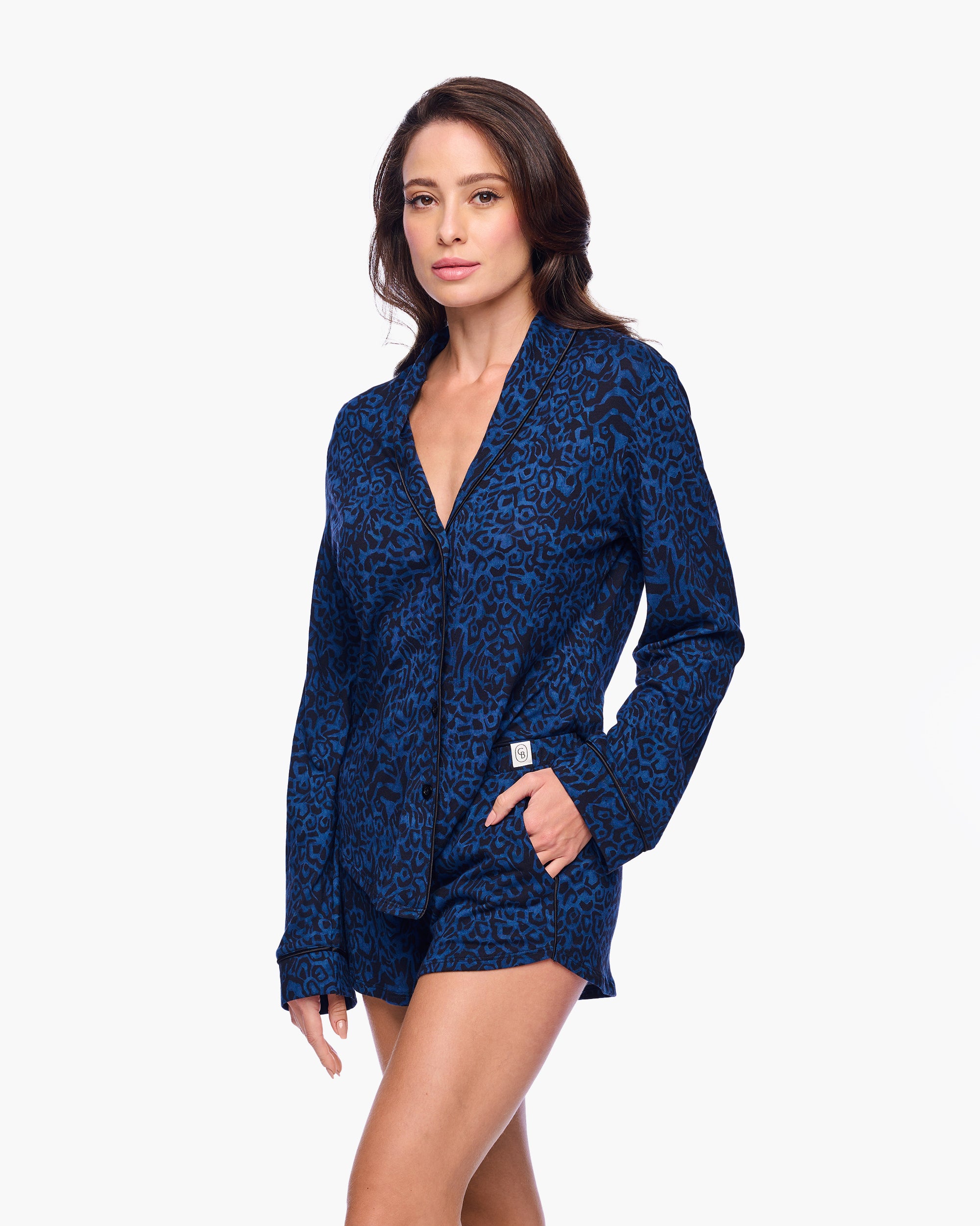 Blau Set - Pima Lusso Printed Bedrucktes Langarm-Top & Boxer-Pyjama-Set