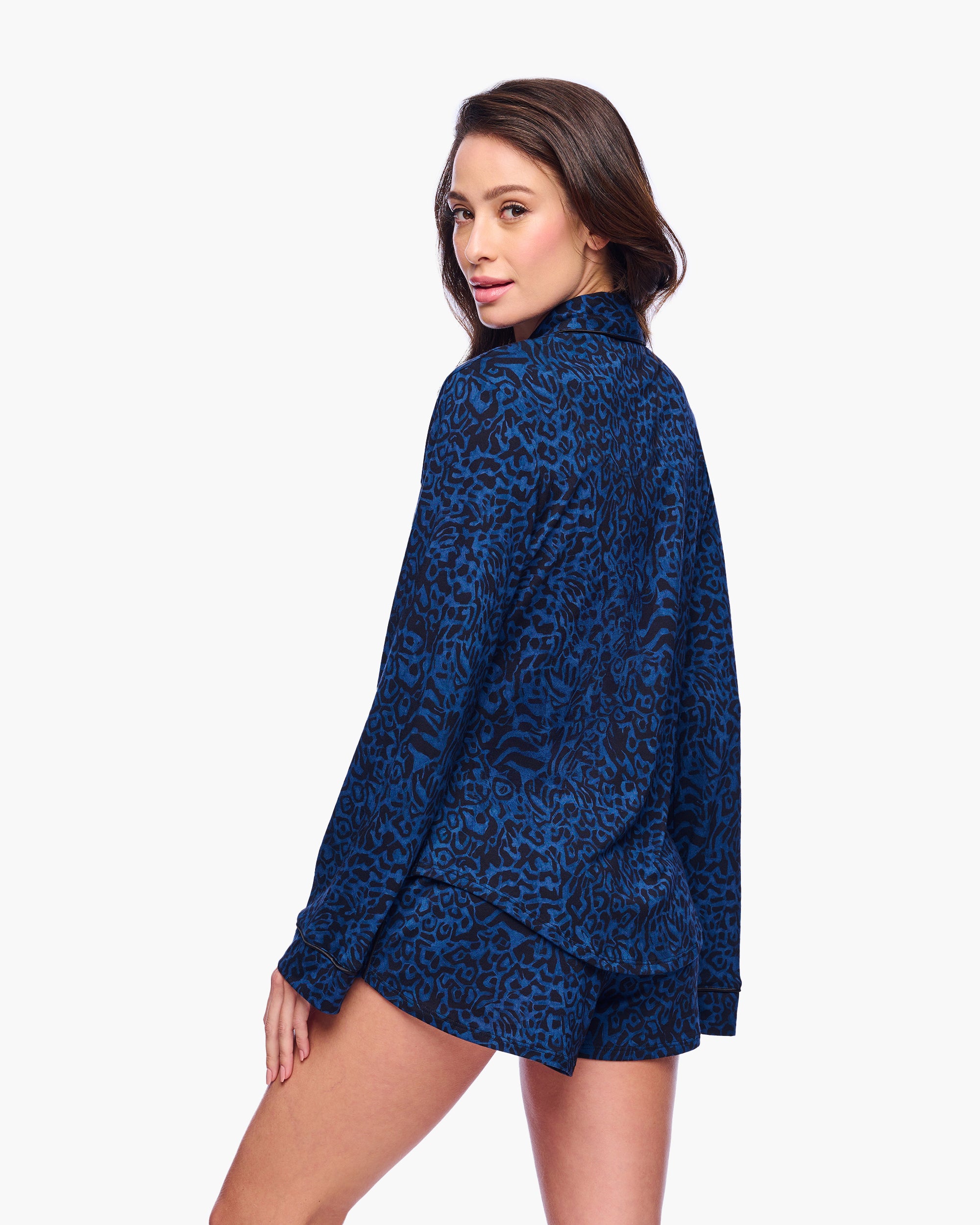 Blau Set - Pima Lusso Printed Bedrucktes Langarm-Top & Boxer-Pyjama-Set