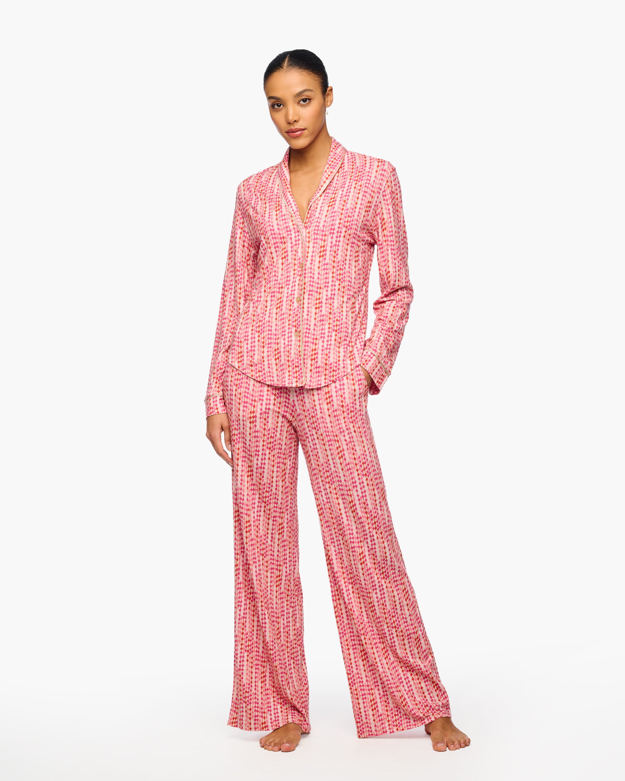 Rosada Conjuntos - Pima Lusso Printed Top De Manga Larga Estampado & Conjunto De Pijama Con Pantalón