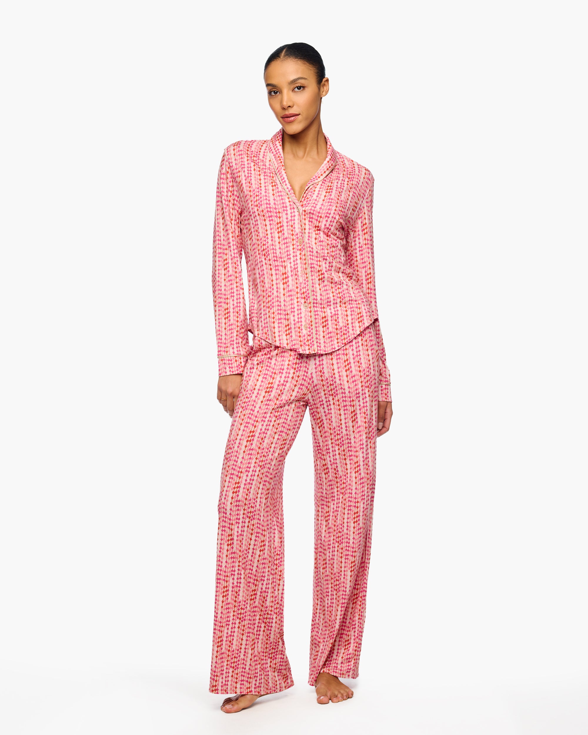 Pink Set - Pima Lusso Printed Printed Long Sleeve Top & Pant Pajama Set
