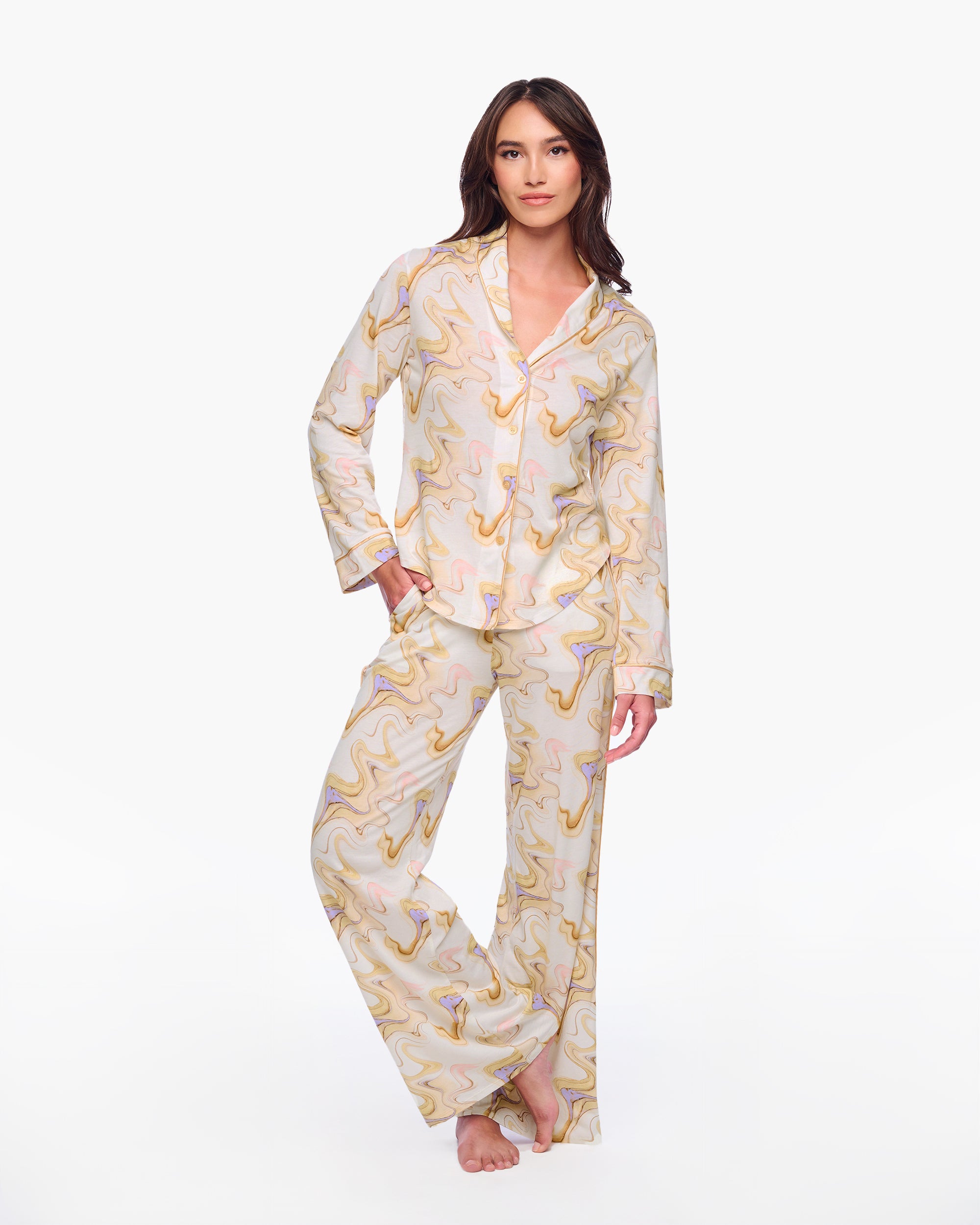 Multi Set - Pima Lusso Printed Top A Maniche Lunghe Stampato & Completo Pigiama Con Pantalone