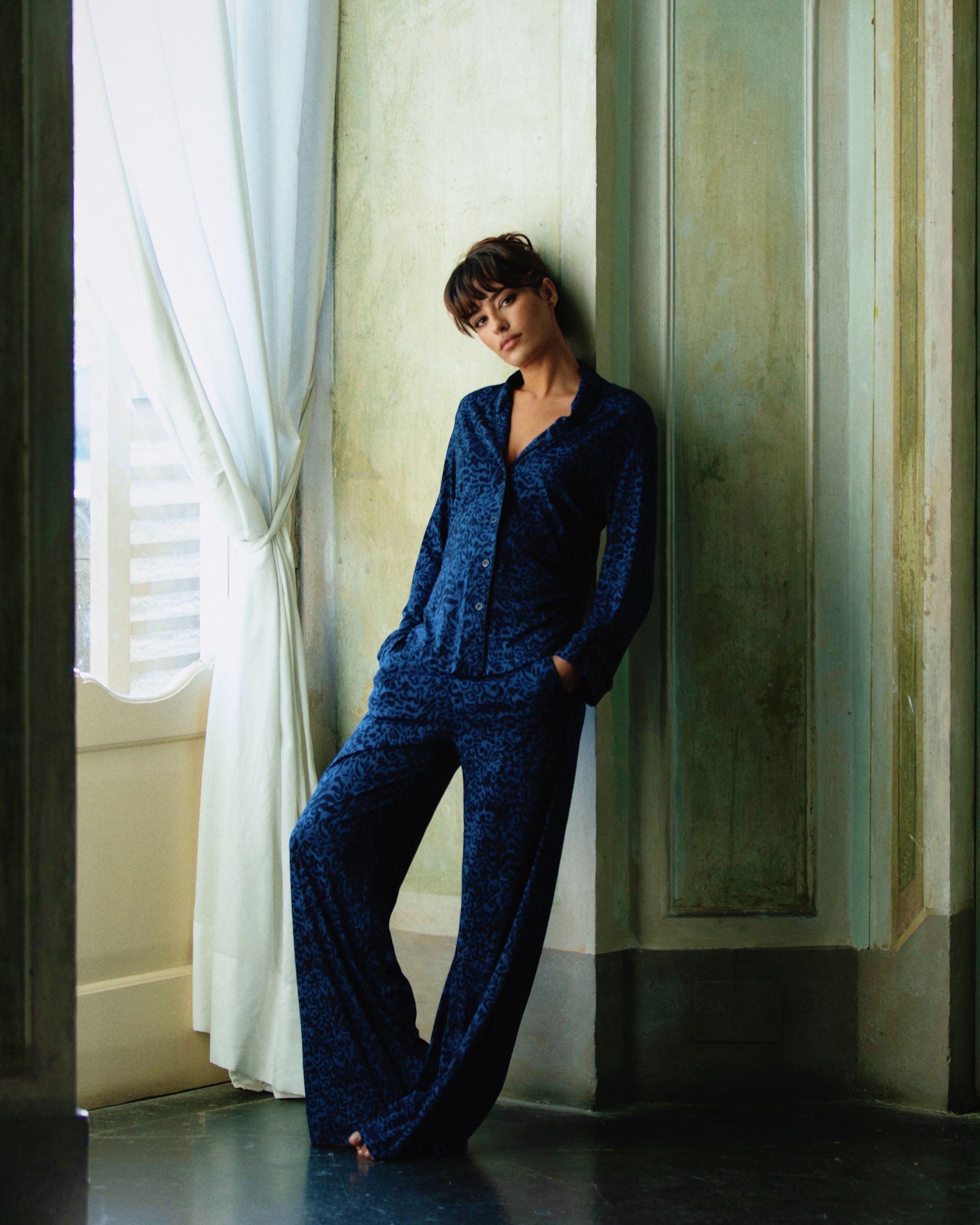 Blue Set - Pima Lusso Printed Printed Long Sleeve Top & Pant Pajama Set