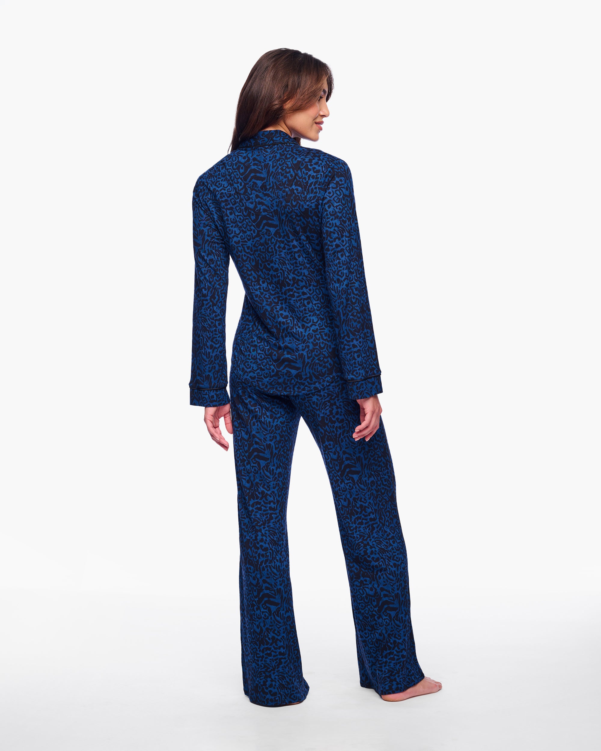 Blau Set - Pima Lusso Printed Bedrucktes Langarm-Top & Hosen-Pyjama-Set