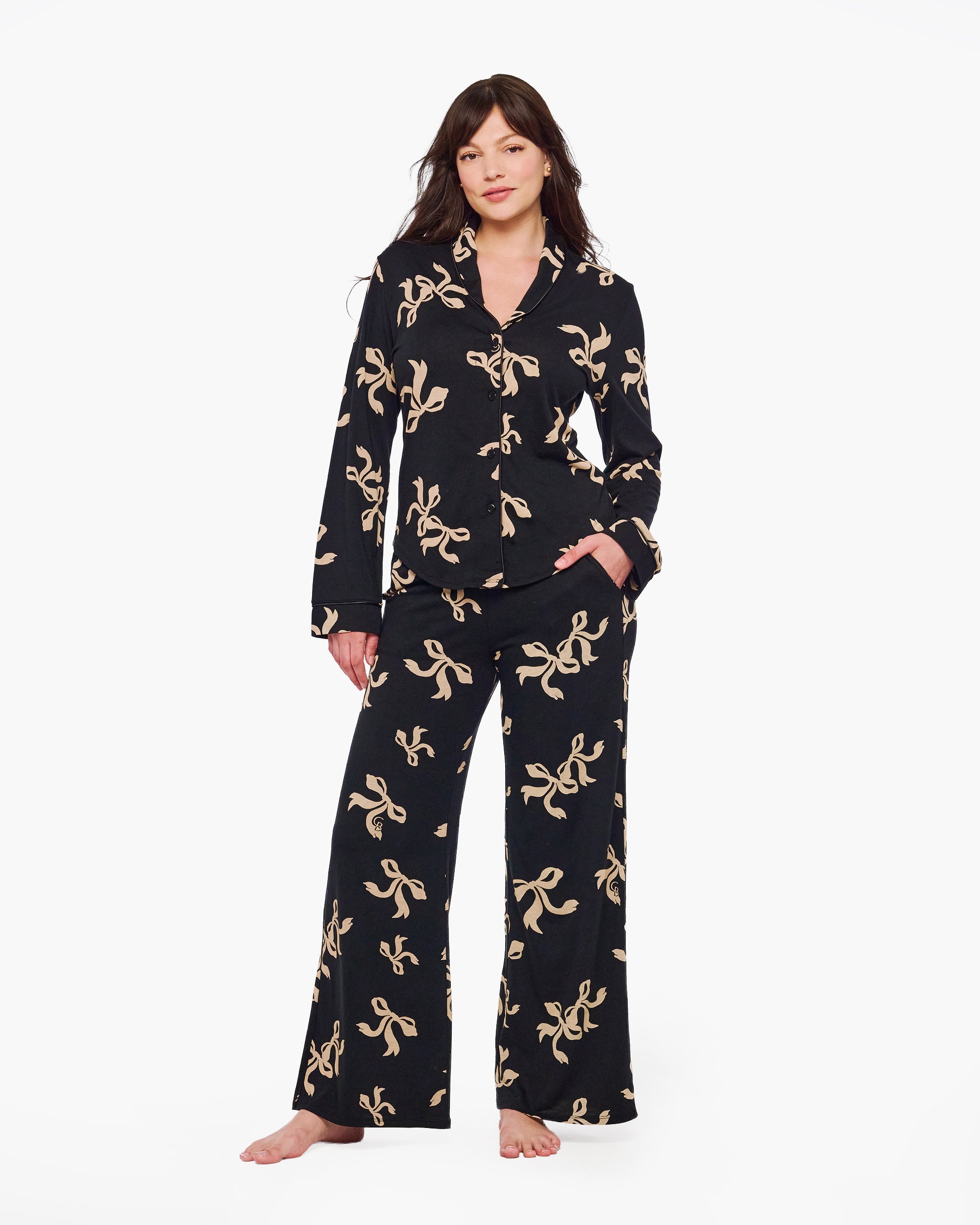 Black Set - Bella Lusso Printed Long Sleeve Top & Boxer Pajama Set