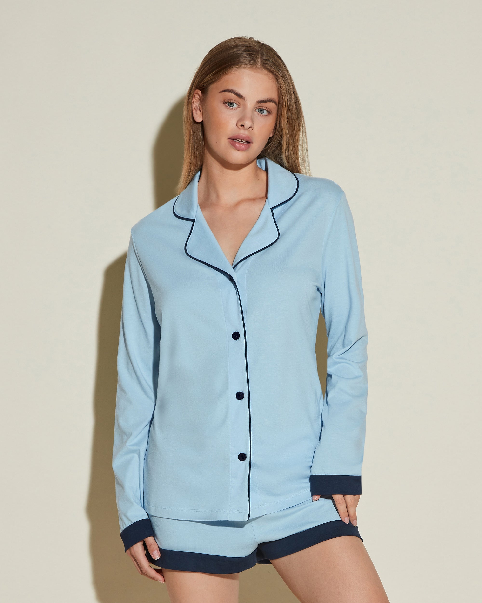 Azul Conjuntos - Bella Conjunto De Pijama Con Camisa De Manga Larga Y Pantalones Cortos