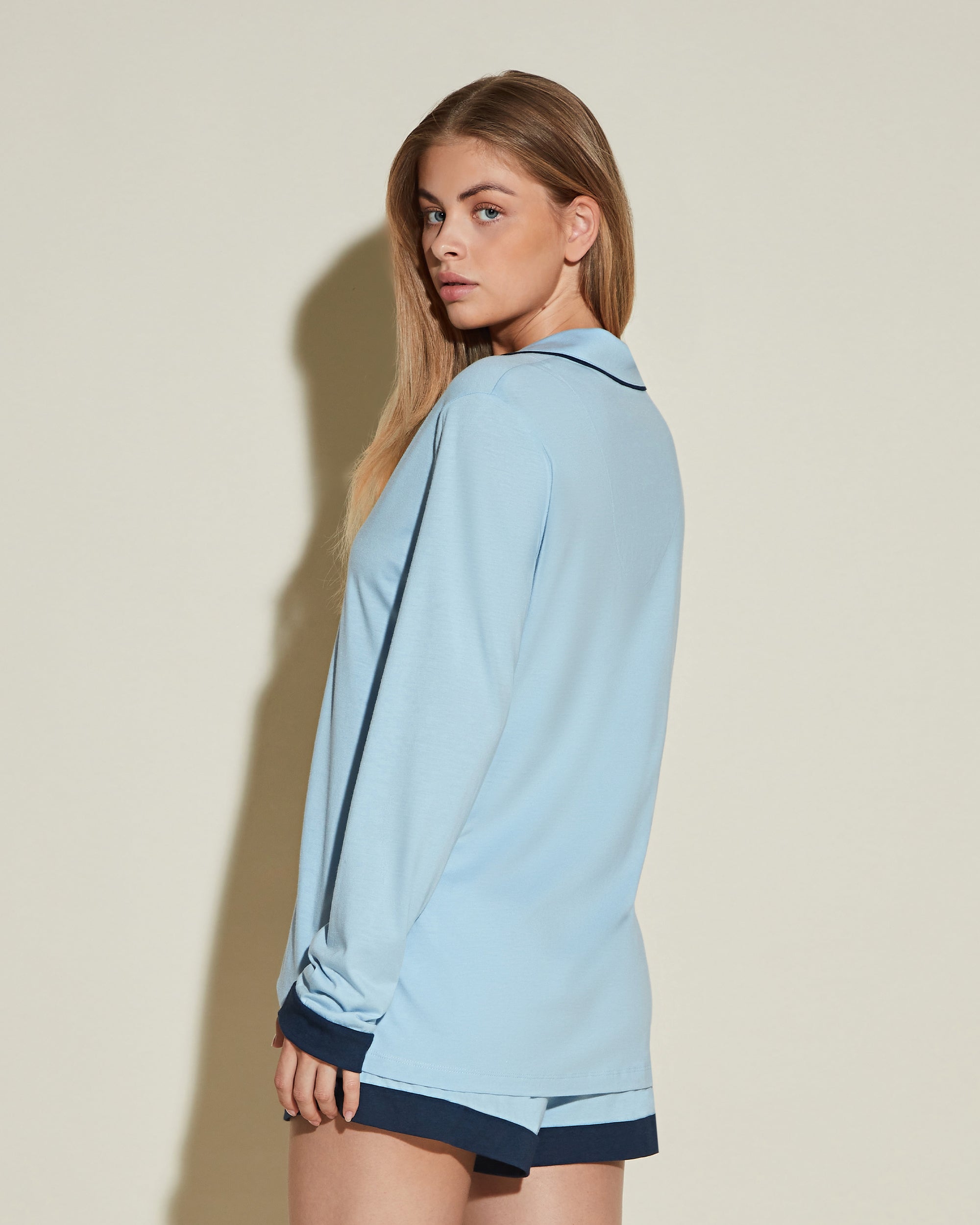 Azul Conjuntos - Bella Conjunto De Pijama Con Camisa De Manga Larga Y Pantalones Cortos