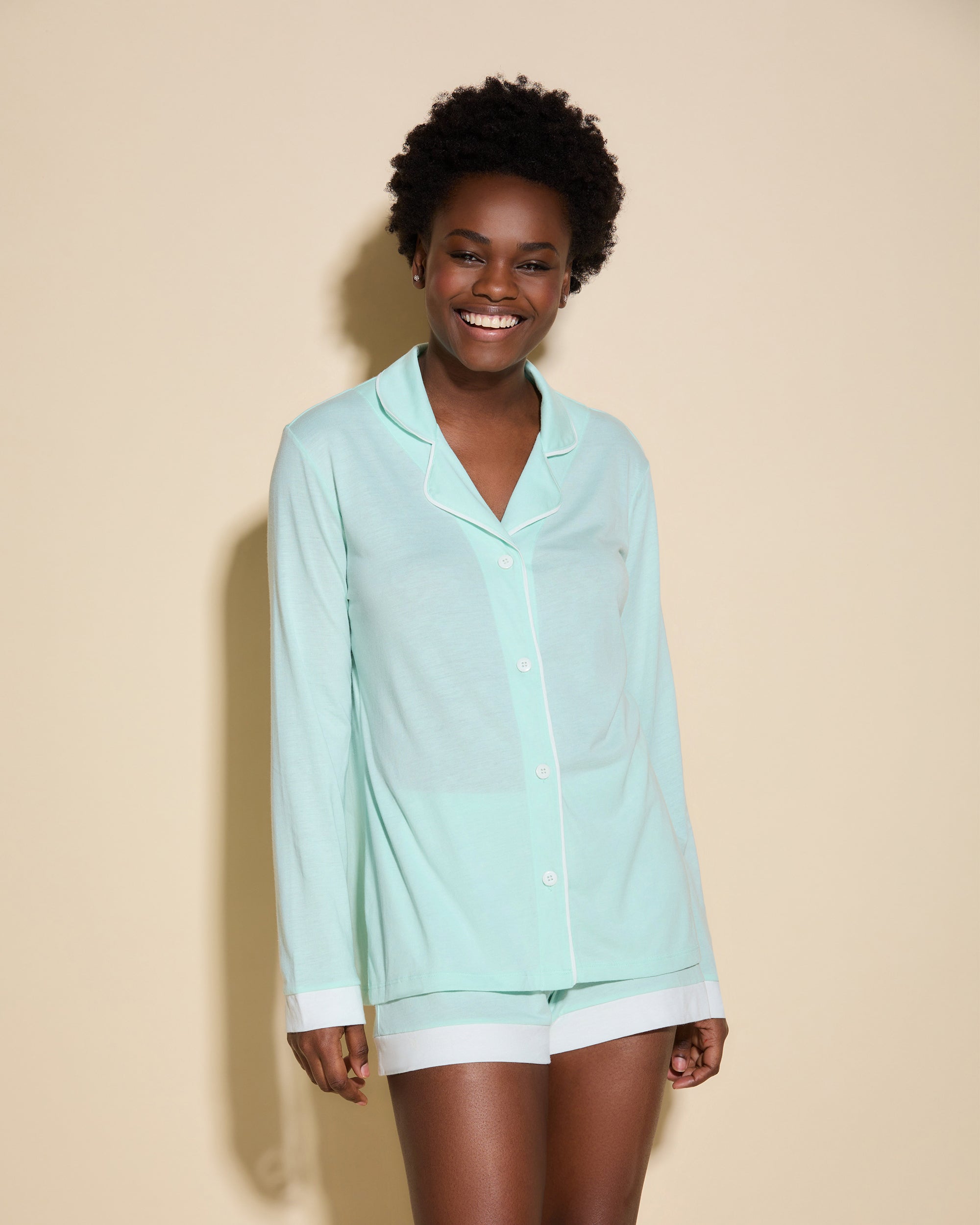 Azul Conjuntos - Bella Pijama De Camisa De Manga Larga Y Shorts