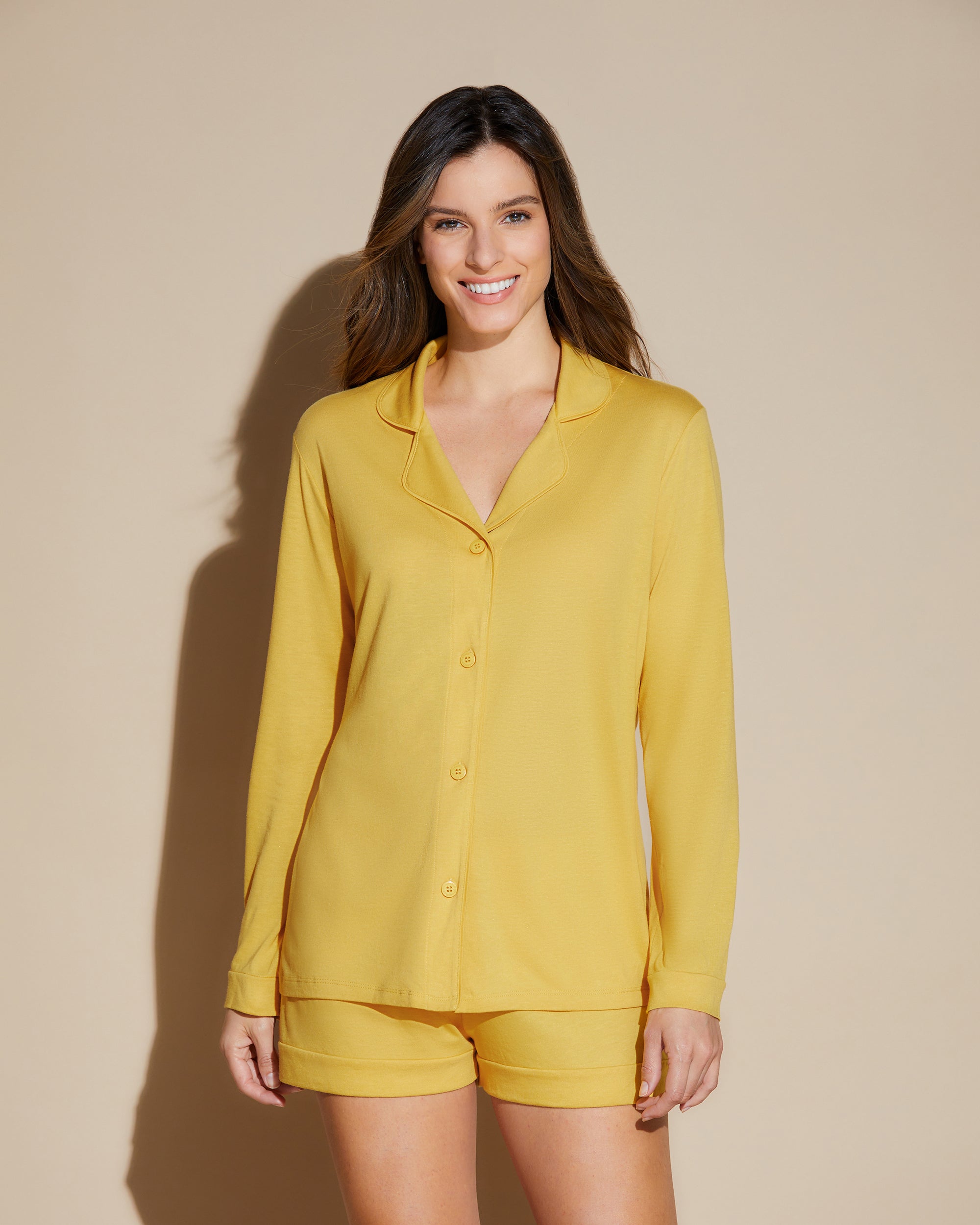Jaune Ensemble - Bella Haut Manches Longues & Short De Pyjama