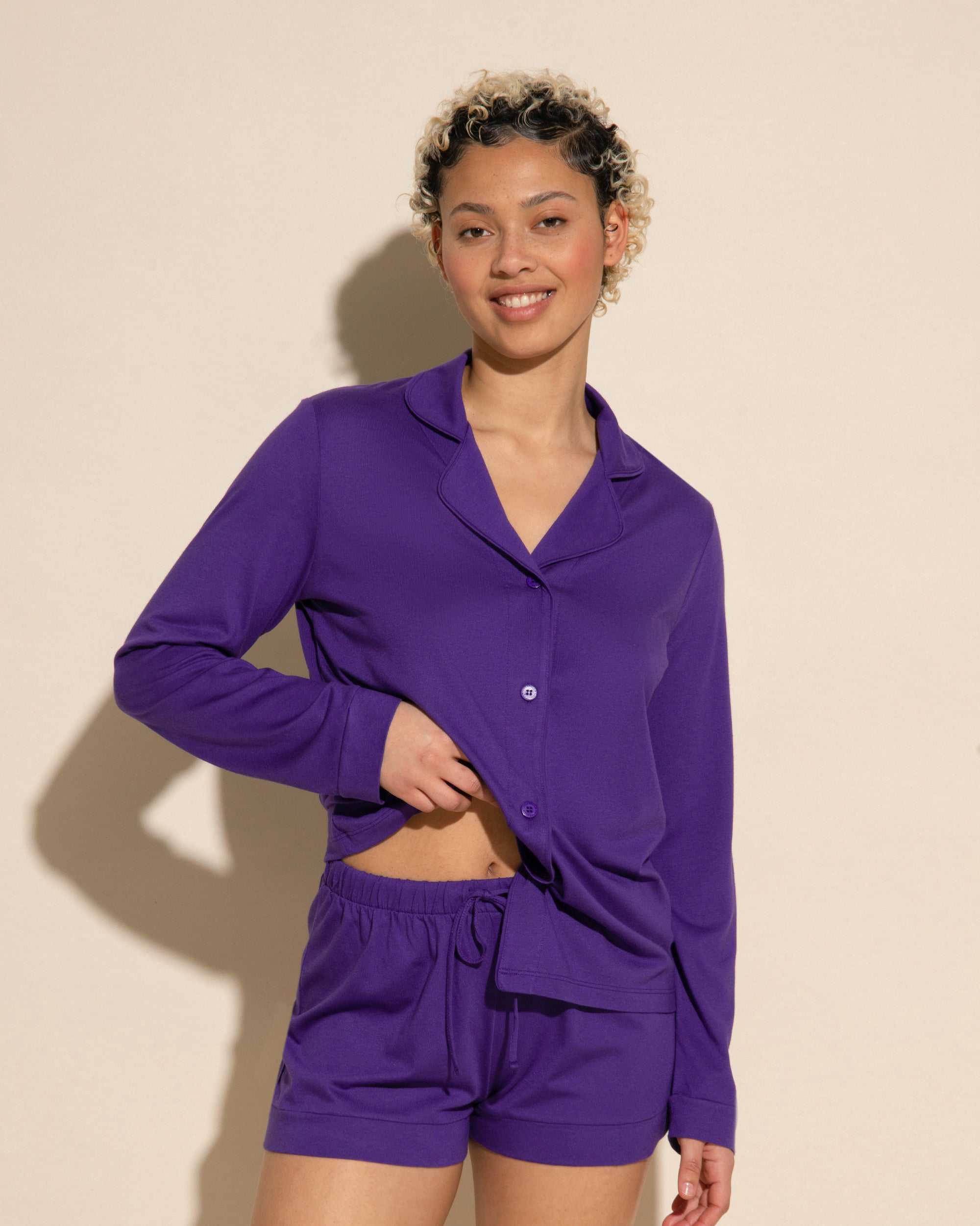 Púrpura Conjuntos - Bella Conjunto De Pijama Con Camisa De Manga Larga Y Pantalones Cortos