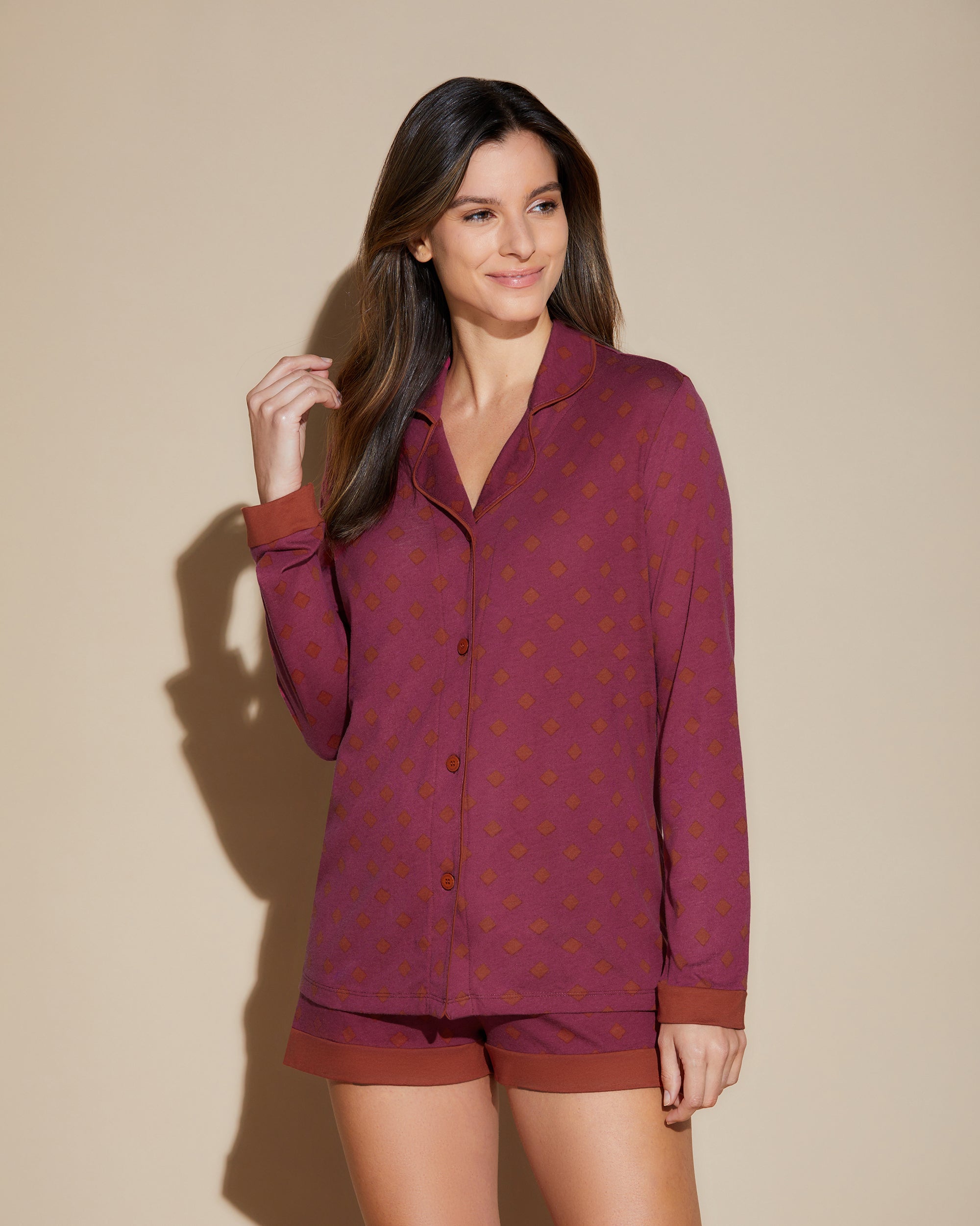 Estampado Conjuntos - Bella Printed Camisa De Manga Larga Y Pantalón Corto Estampados.