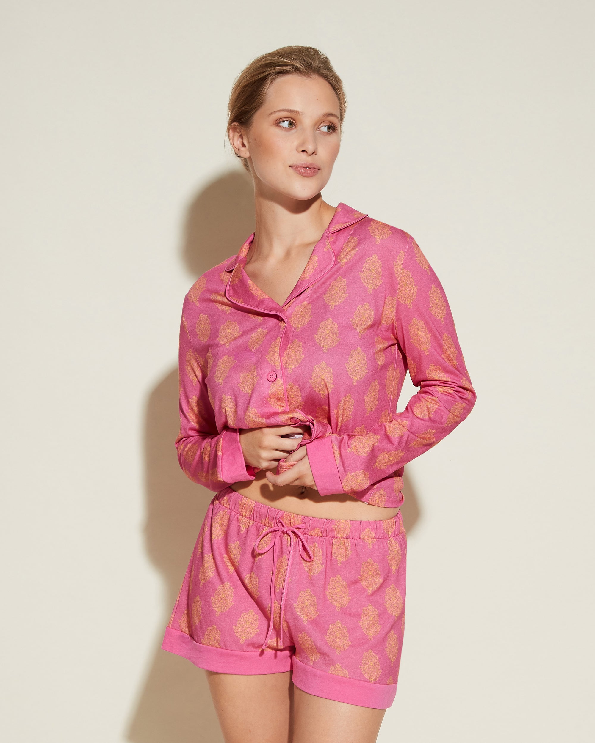 Multi Conjuntos - Bella Printed Conjunto De Pijama Estampado Con Camisa De Manga Larga Y Pantalones Cortos