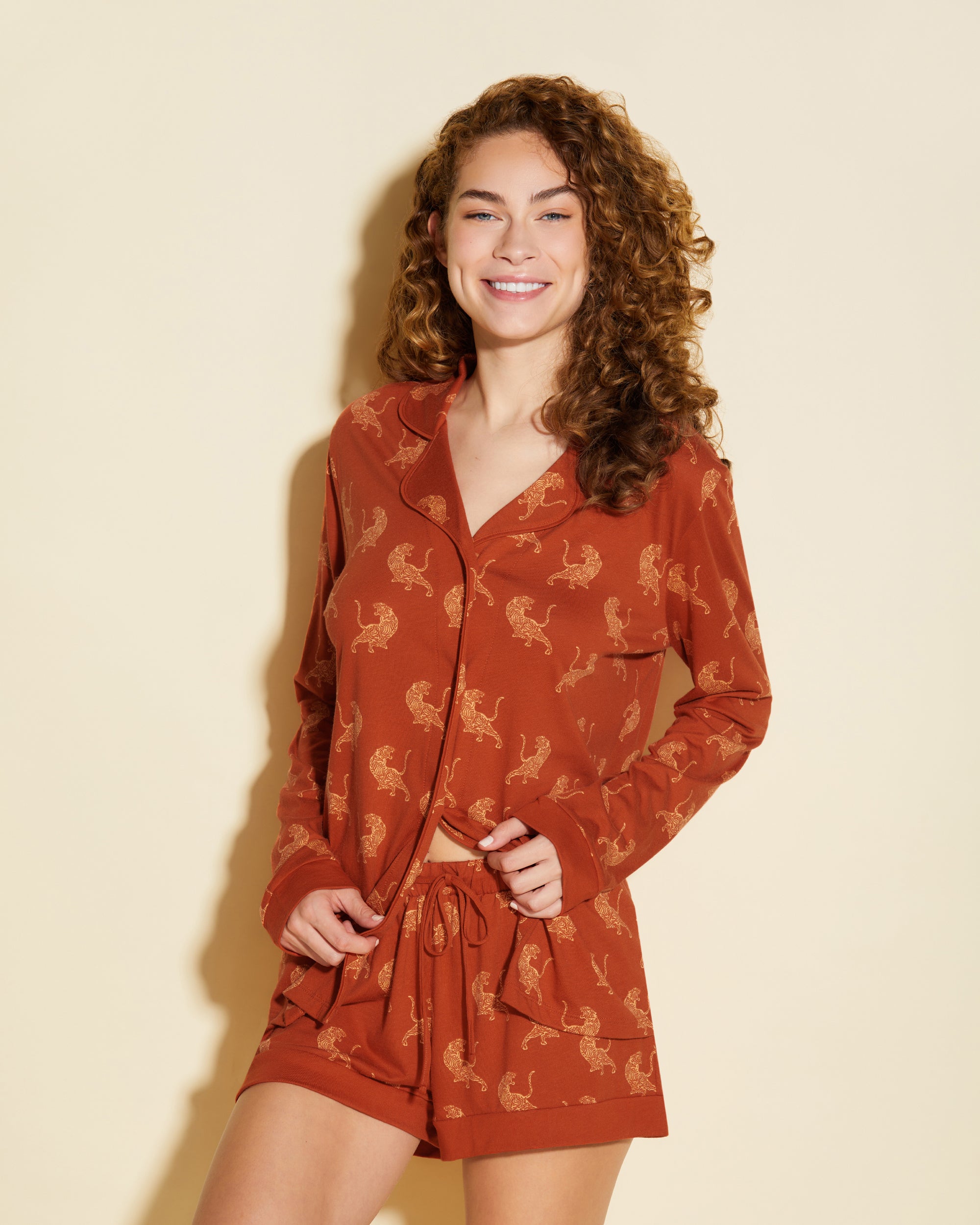 Print Set - Bella Printed Printed Long Sleeve Top & Boxer Pajama Set
