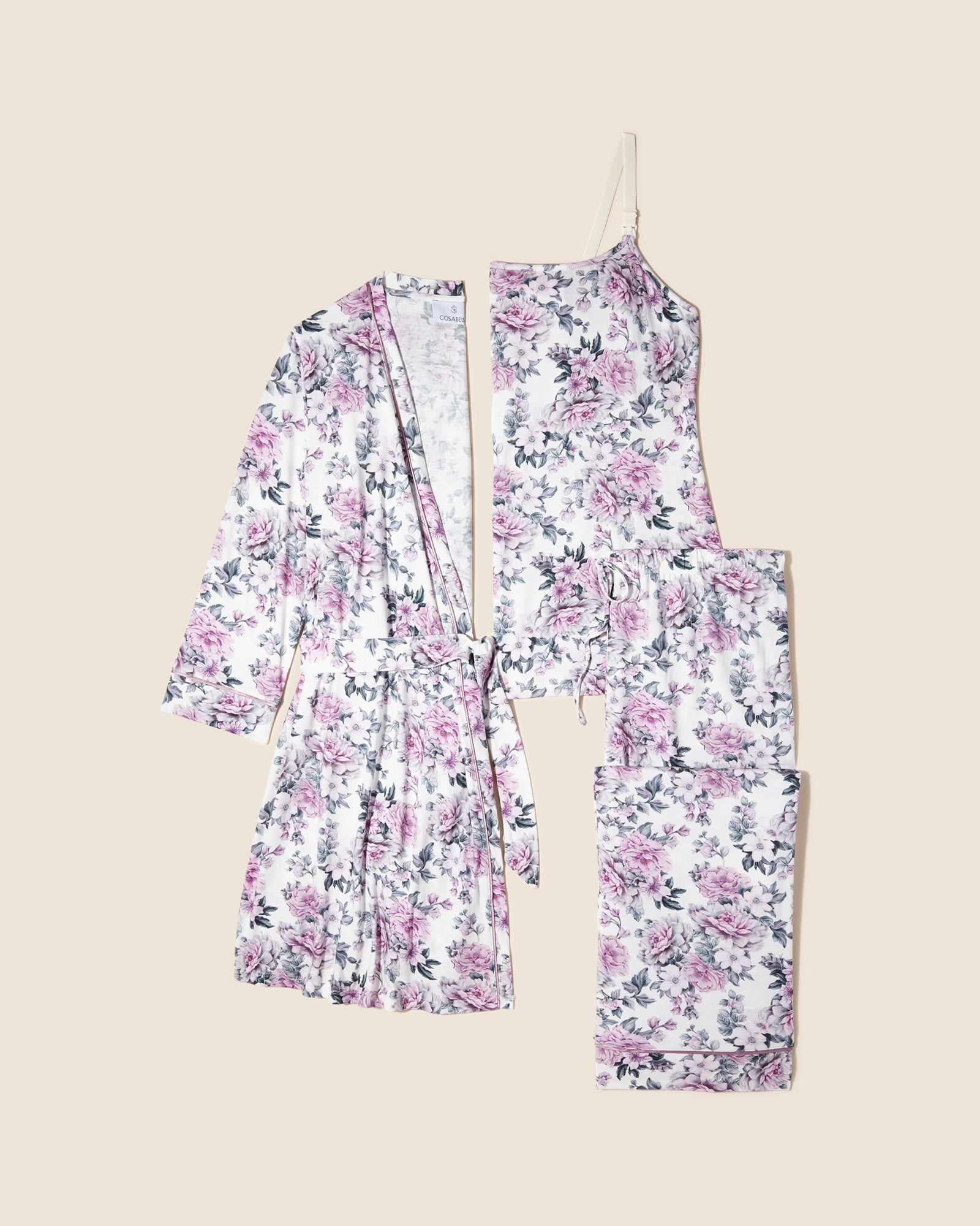 Estampado Conjuntos - Bella Printed Conjunto De Pijama Con Bata, Camiseta Y Pantalones