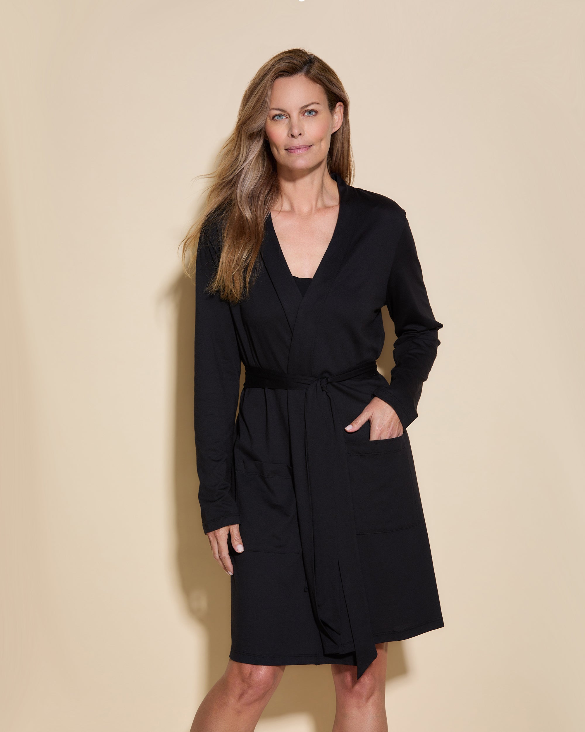 Schwarz Morgenmantel - Bella Langärmeliger Morgenmantel Mit Taschen