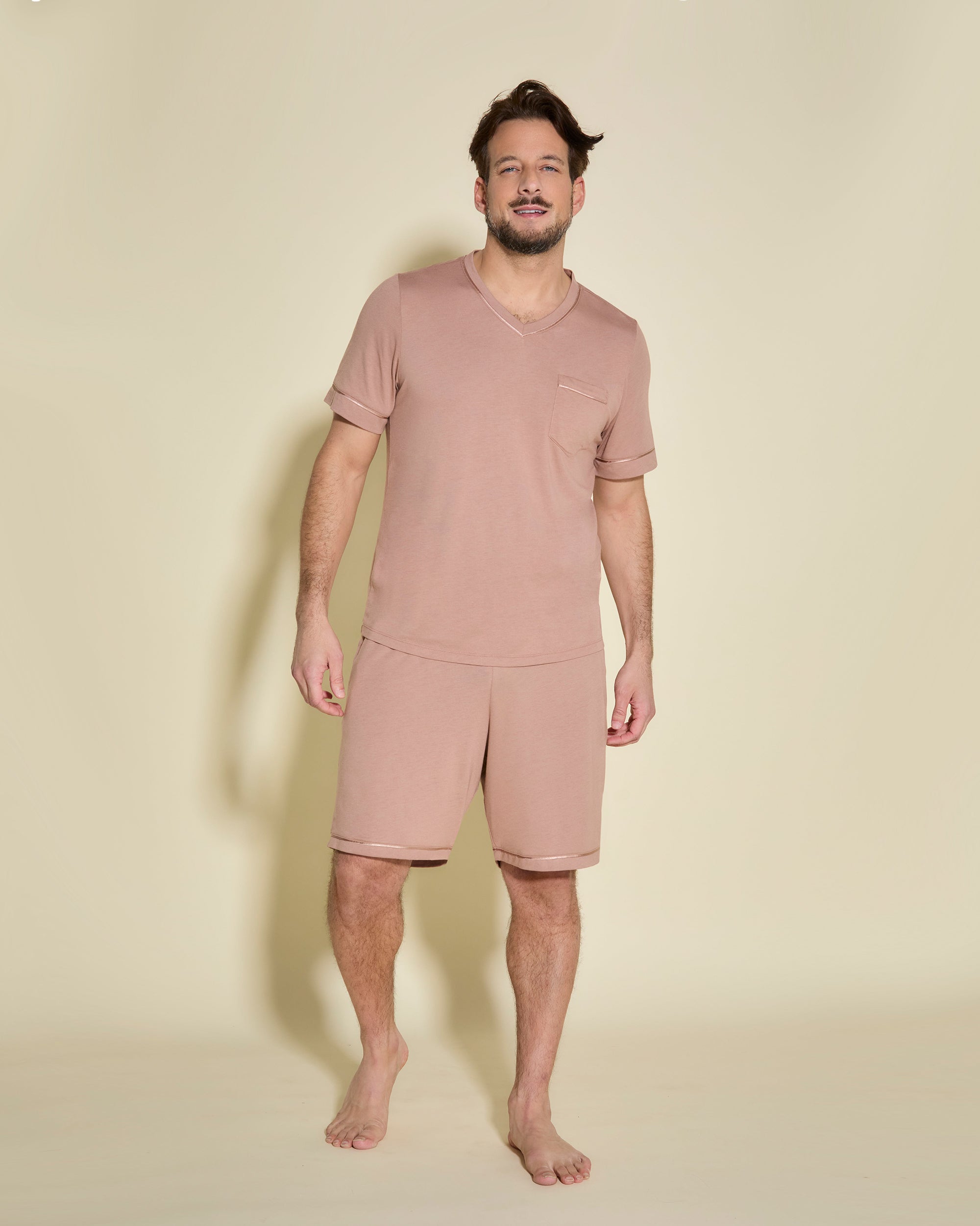 Beige Herren-Sets - Bella Kurzärmeliges Oberteil Und Shorts Für Männer