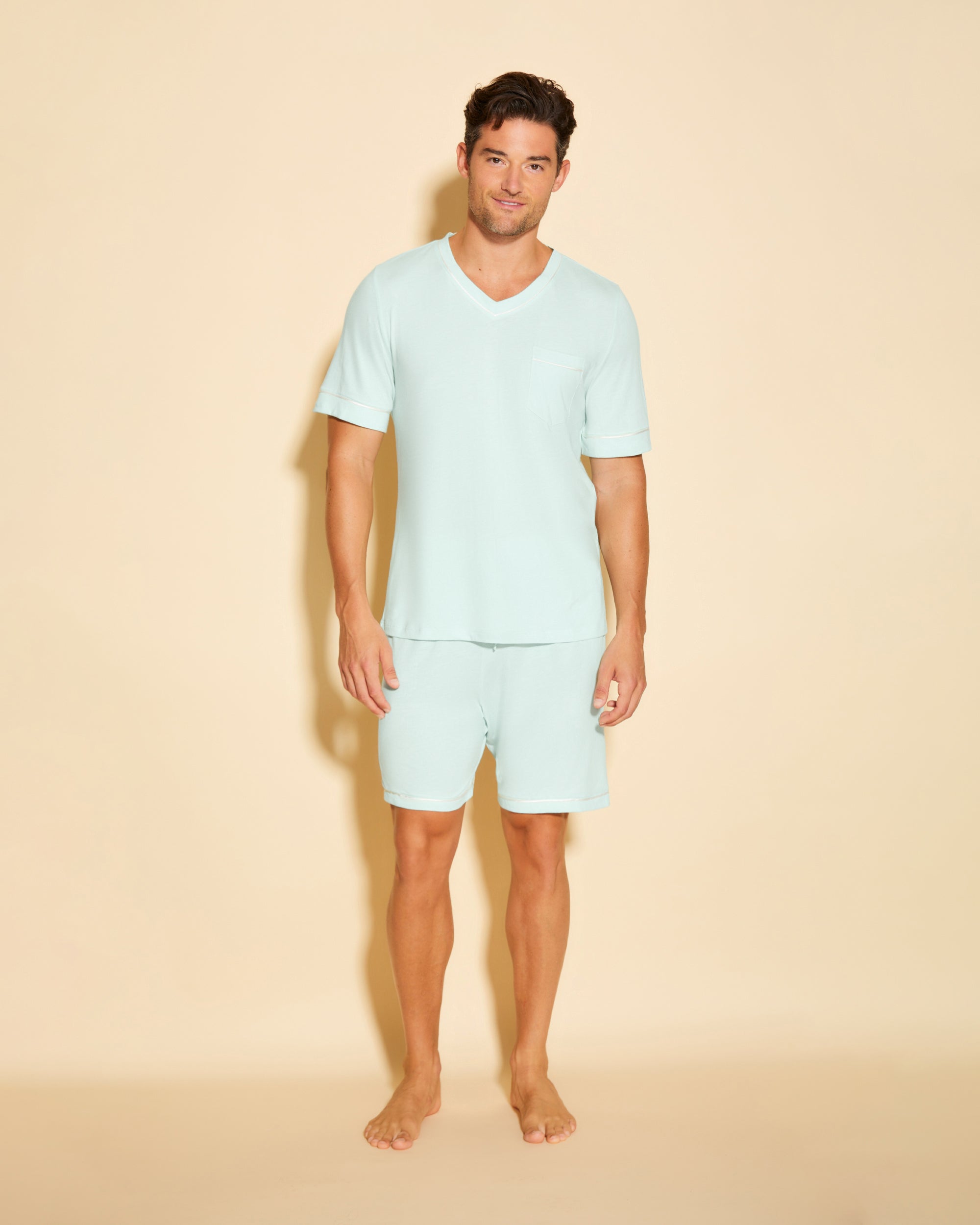 Azul Conjuntos Para Hombres - Bella Conjunto De Pijama Para Hombre Con Camisa De Manga Corta Y Pantalones Cortos.