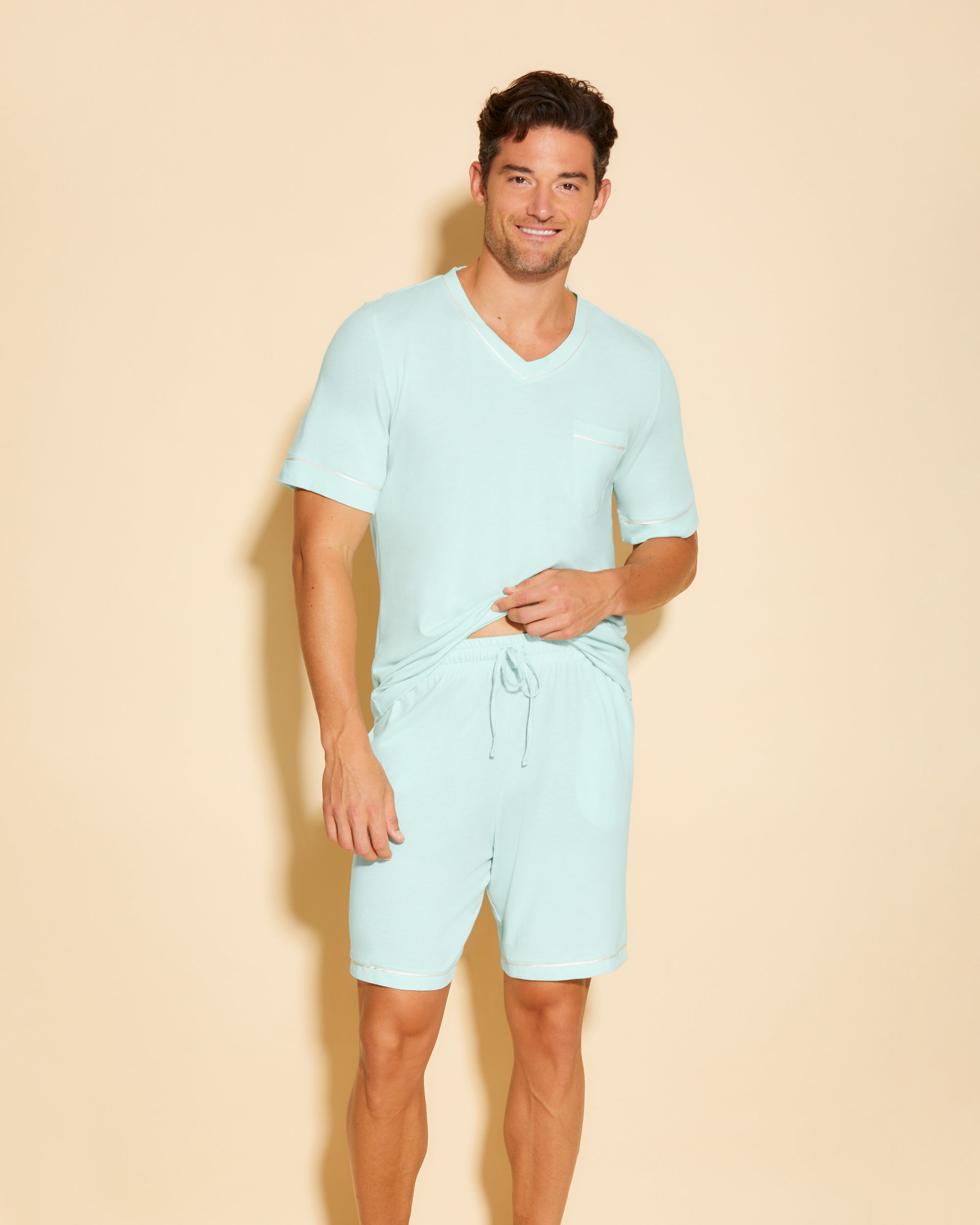 Azul Conjuntos Para Hombres - Bella Conjunto De Pijama Para Hombre Con Camisa De Manga Corta Y Pantalones Cortos.
