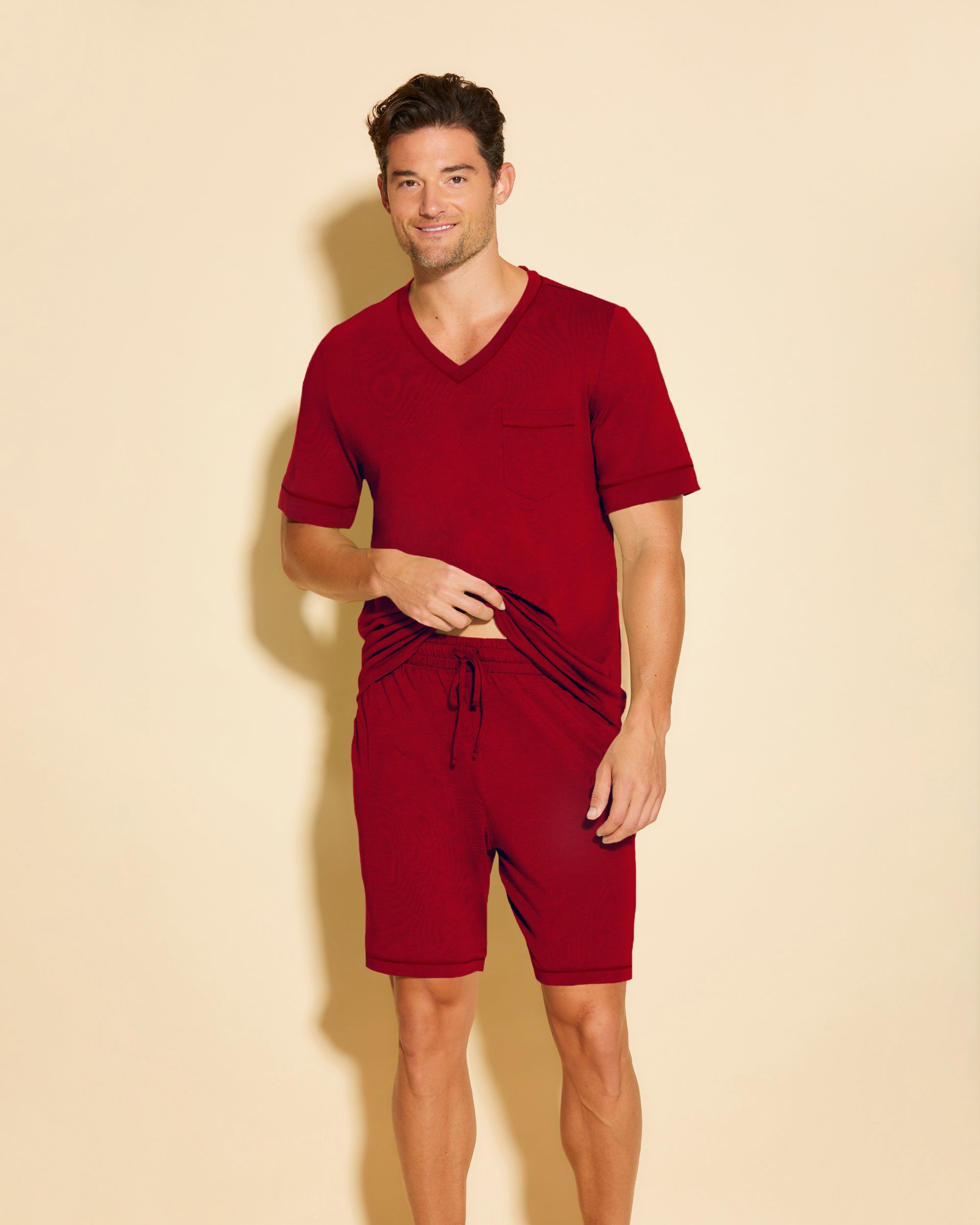 Red Men Sets - Bella Men's Short Sleeve Top & Shorts Pajama Set