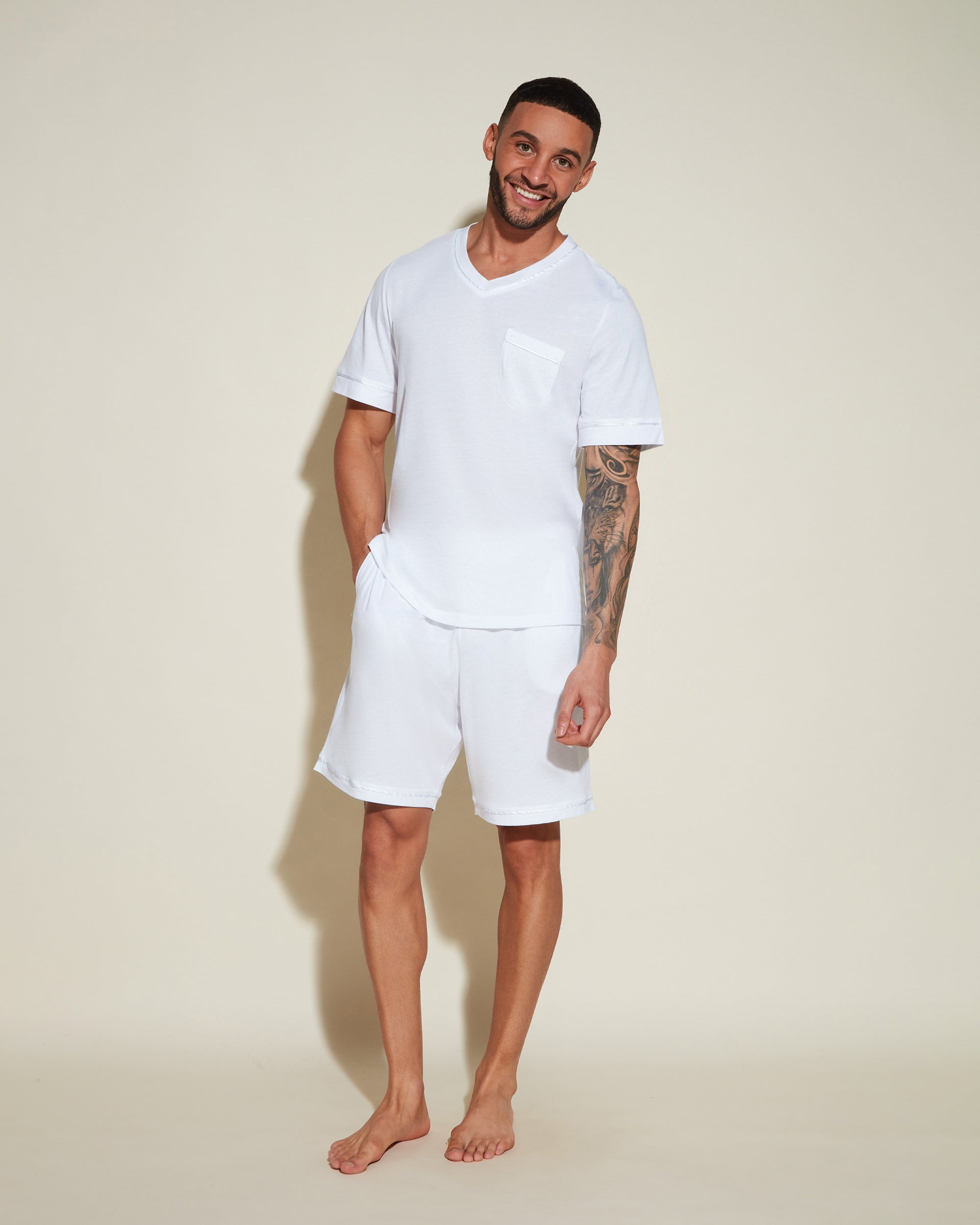 White Men Sets - Bella Men's Short Sleeve Top & Shorts Pajama Set