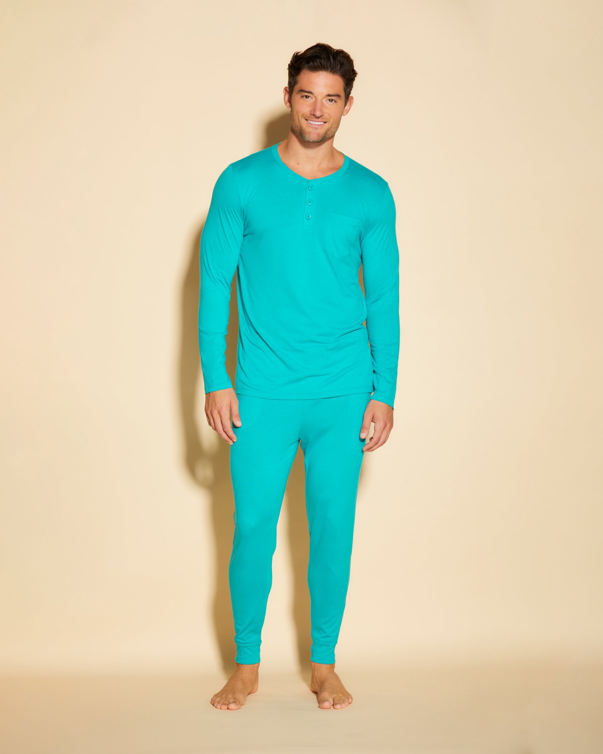 Azul Conjuntos Para Hombres - Bella Conjunto De Pijama Para Hombre Con Camiseta Henley Y Pantalones Joggers.