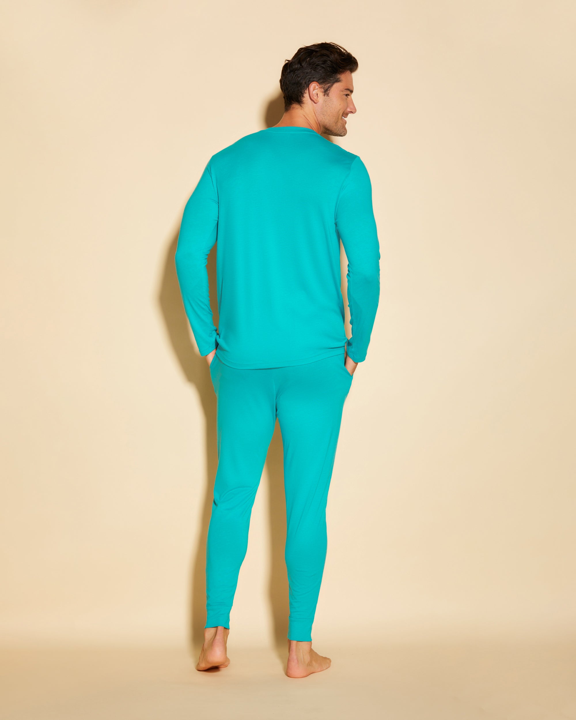 Azul Conjuntos Para Hombres - Bella Conjunto De Pijama Para Hombre Con Camiseta Henley Y Pantalones Joggers.