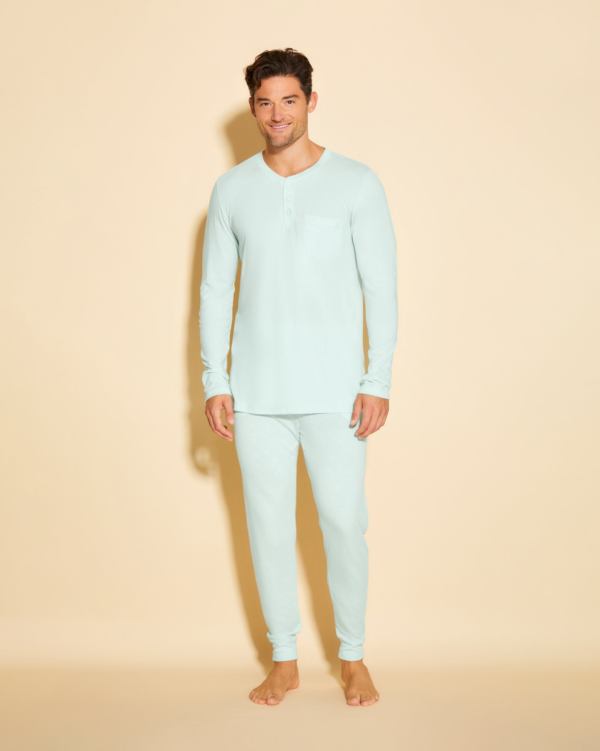 Azul Conjuntos Para Hombres - Bella Conjunto De Pijama Para Hombre Con Camiseta Henley Y Pantalones Joggers.