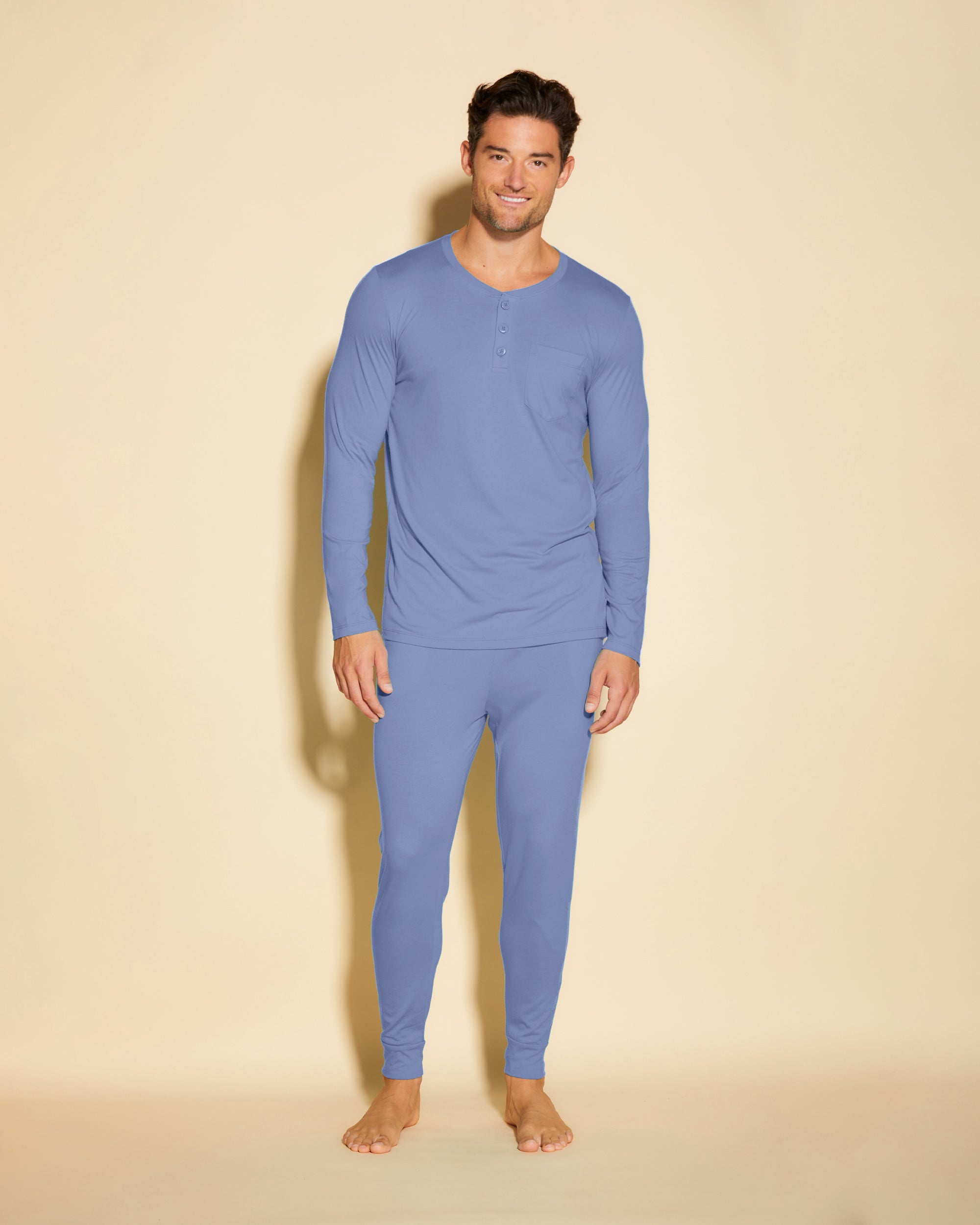 Azul Conjuntos Para Hombres - Bella Conjunto De Pijama Para Hombre Con Camiseta Henley Y Pantalones Joggers