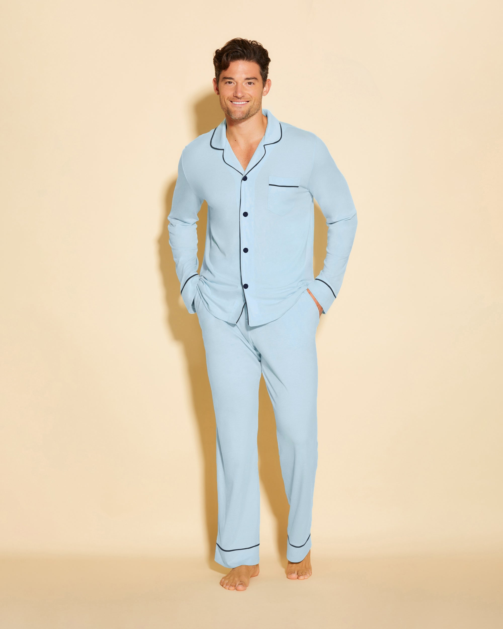 Blau Herren-Sets - Bella Klassisches Langärmeliges Top & Hose Pyjama-Set Für Männer