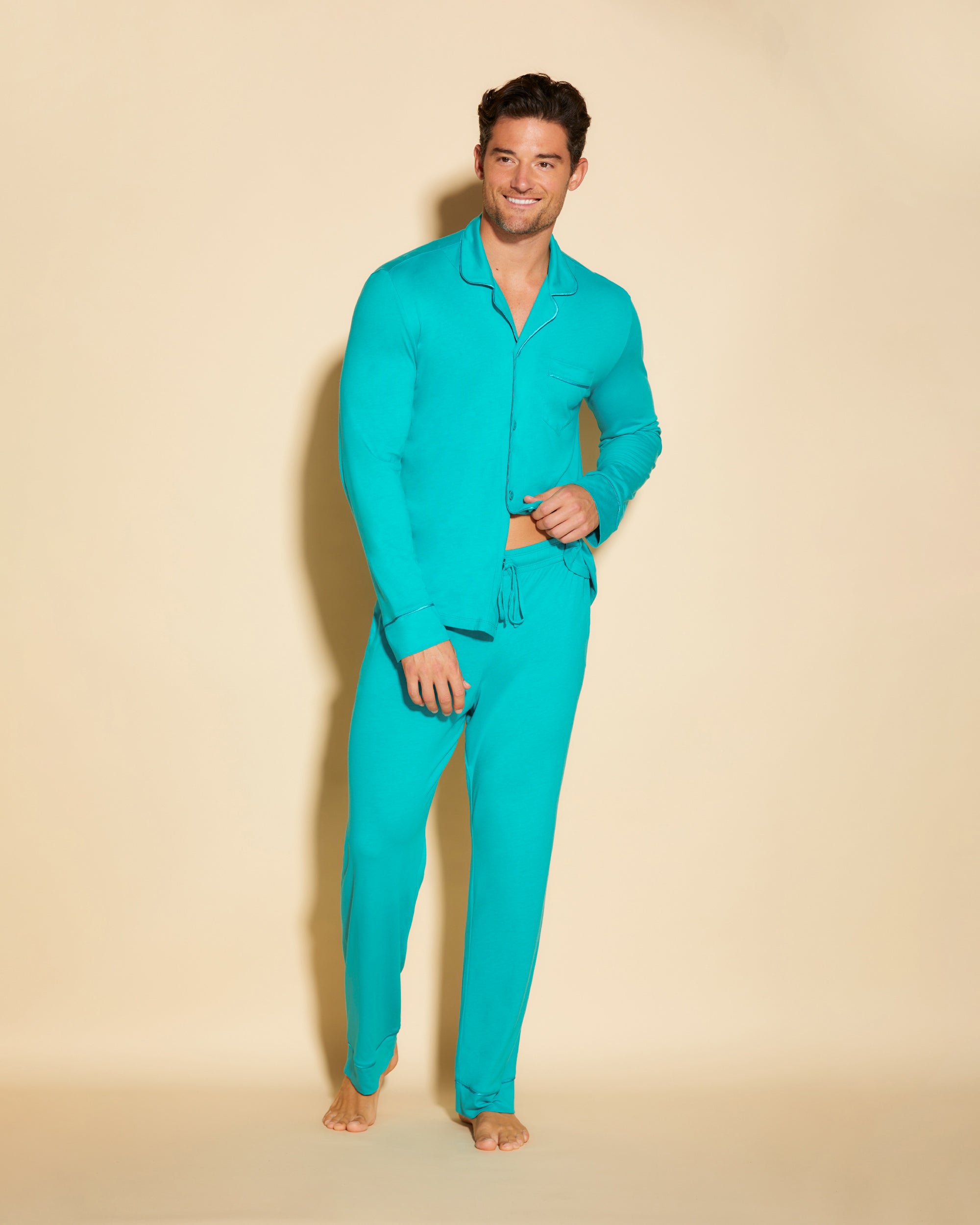 Azul Conjuntos Para Hombres - Bella Conjunto De Pijama Para Hombre Clásico Con Camisa De Manga Larga Y Pantalones.