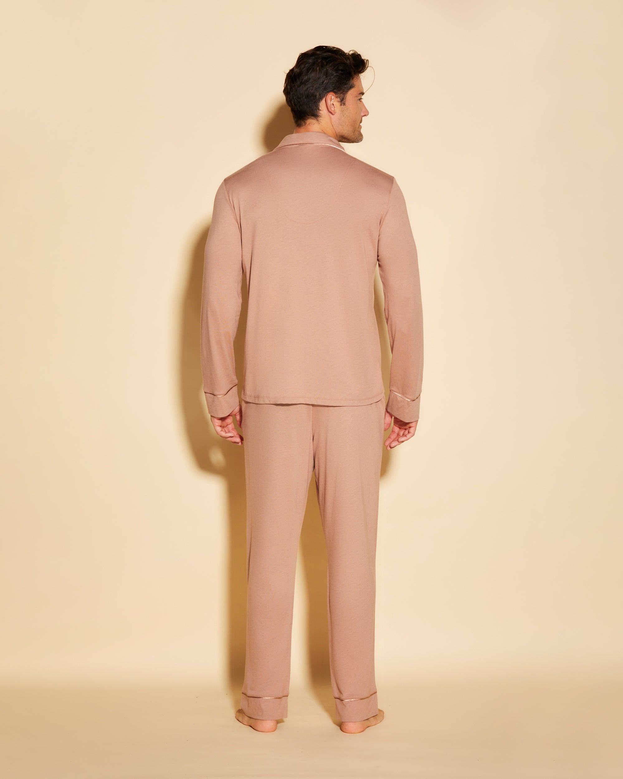 Beige Men Sets - Bella Men's Classic Long Sleeve Top & Pant Pajama Set