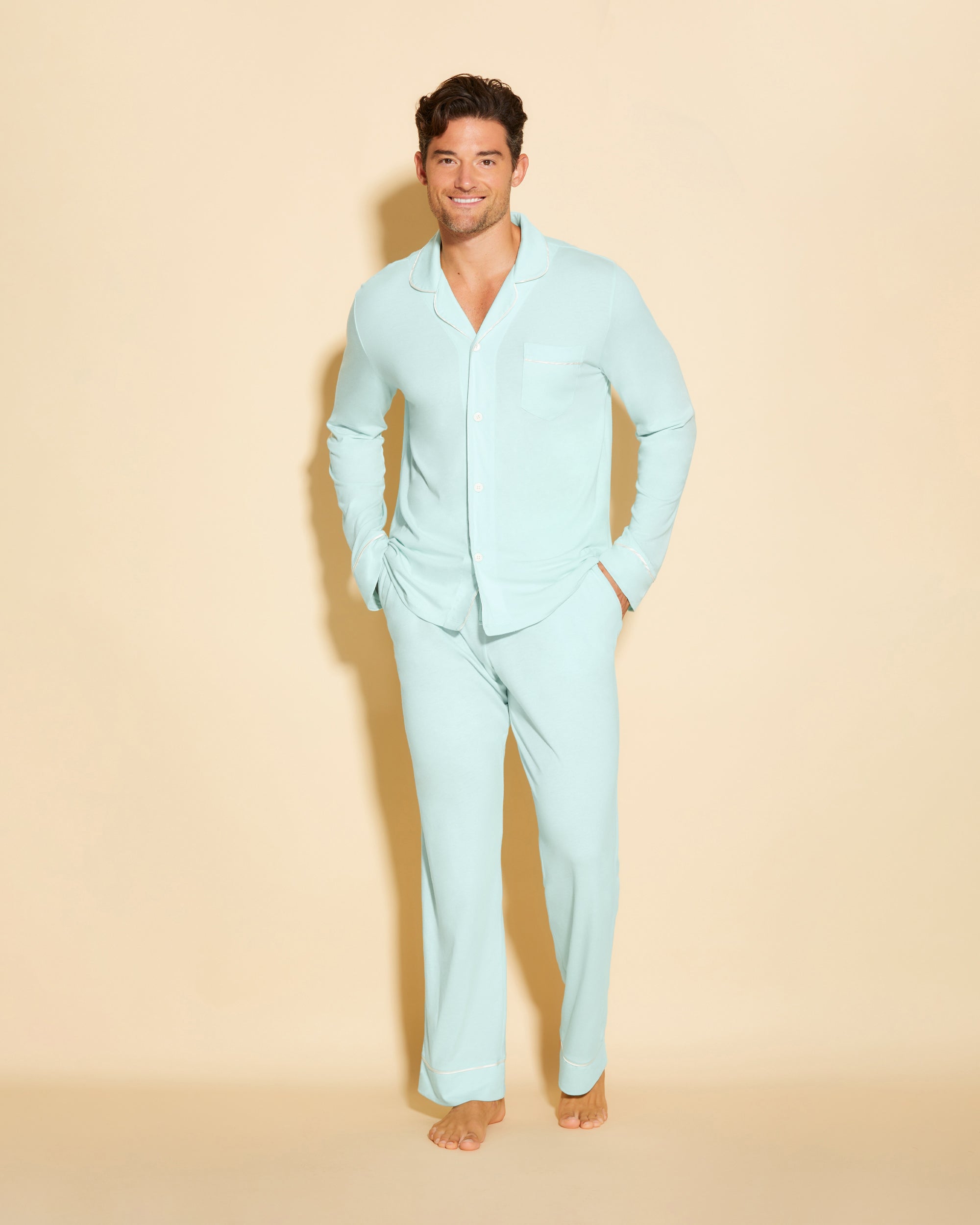 Azul Conjuntos Para Hombres - Bella Conjunto De Pijama Para Hombre Clásico Con Camisa De Manga Larga Y Pantalones.