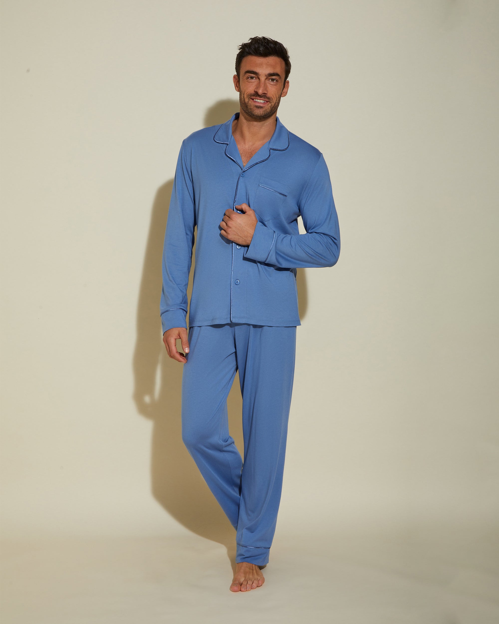 Azul Conjuntos Para Hombres - Bella Conjunto De Pijama Para Hombre Clásico Con Camisa De Manga Larga Y Pantalones