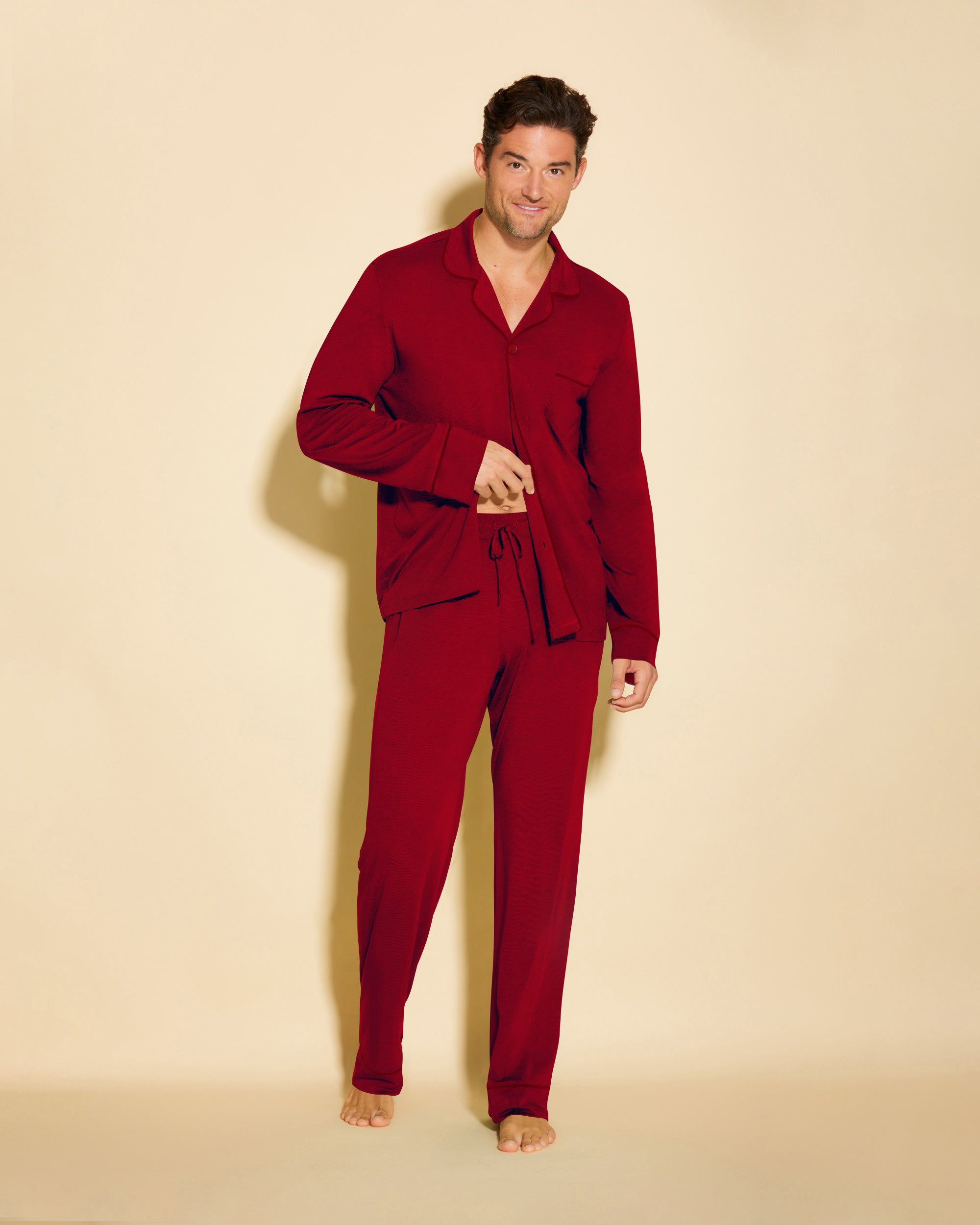 Rot Herren-Sets - Bella Klassisches Langärmeliges Top & Hose Pyjama-Set Für Männer
