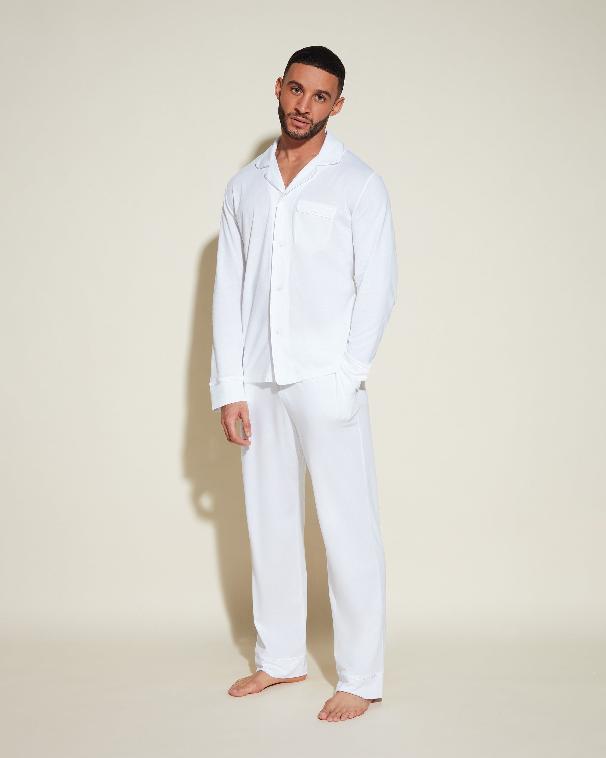White Men Sets - Bella Men's Classic Long Sleeve Top & Pant Pajama Set