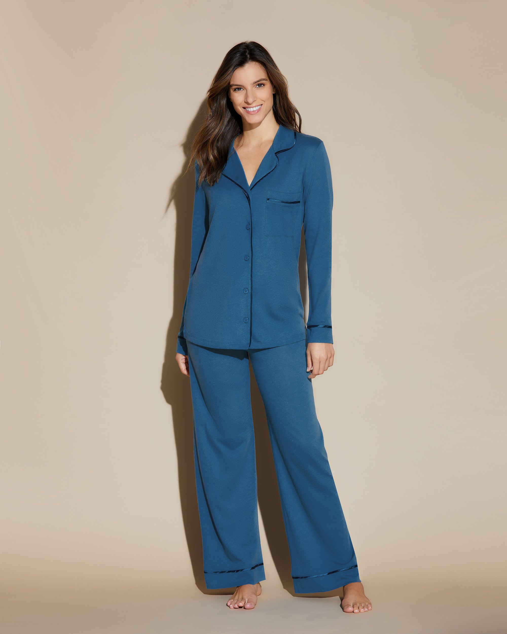 Azul Conjuntos - Bella Camisa De Manga Larga Holgada Y Pantalones