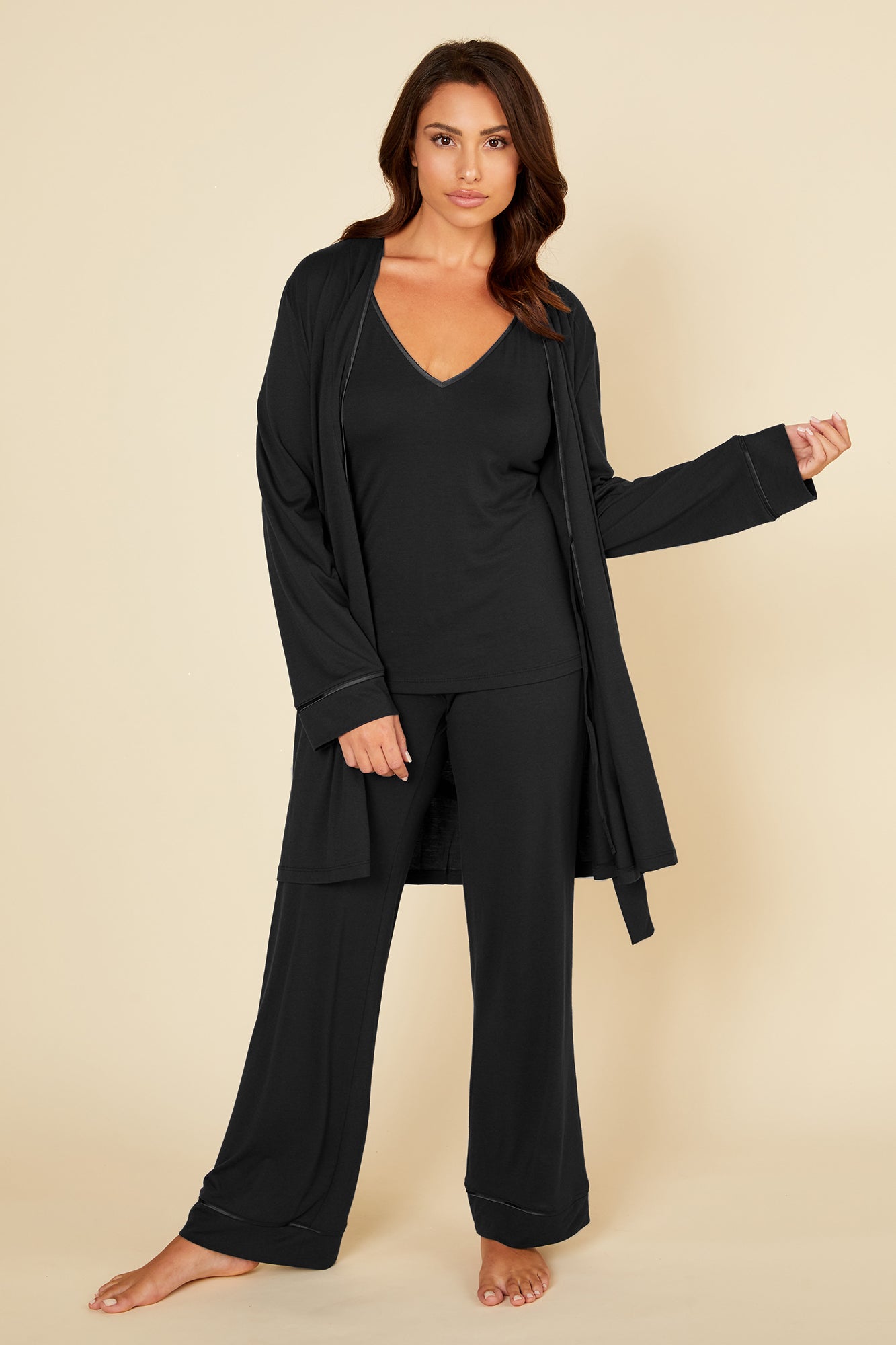 Black Set - Bella Curvy Racerback Cami, Pant And Robe Set