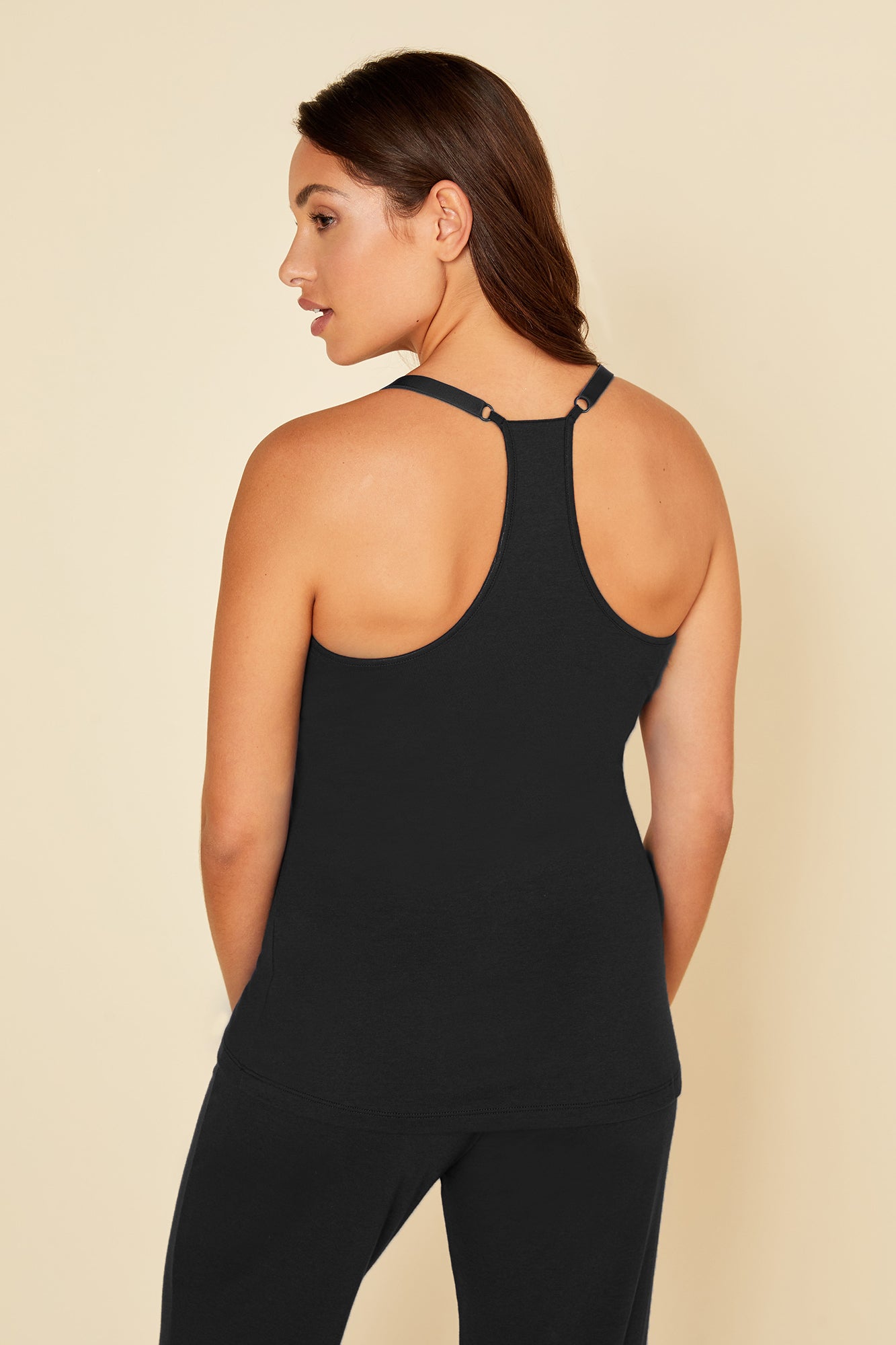 Negro Conjuntos - Bella Pijama Con Camiseta Curvy De Espalda Cruzada, Bata Y Pantalones.