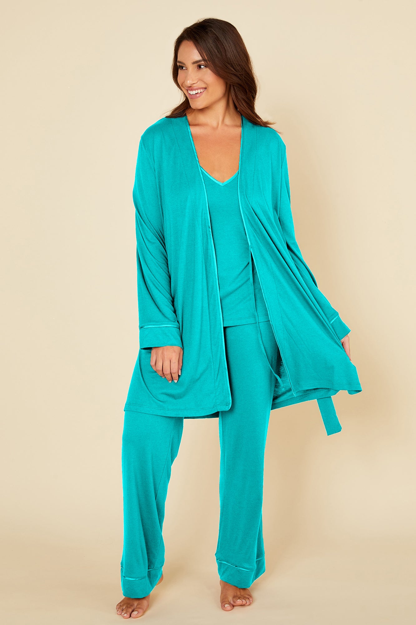 Grün Set - Bella Curvy Racerback-Camisole, Morgenmantel Und Pyjama-Hose Im Set