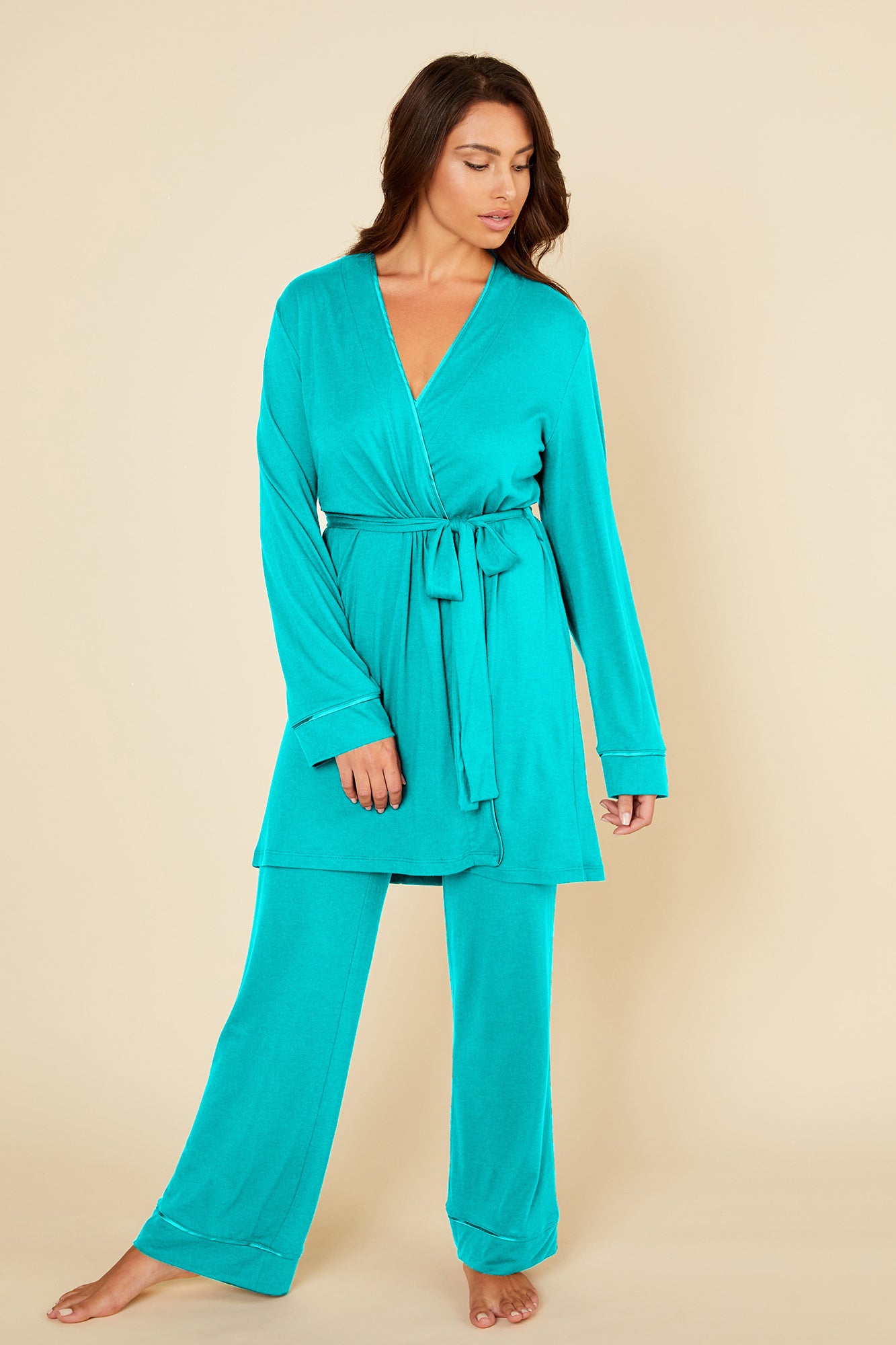 Grün Set - Bella Curvy Racerback-Camisole, Morgenmantel Und Pyjama-Hose Im Set