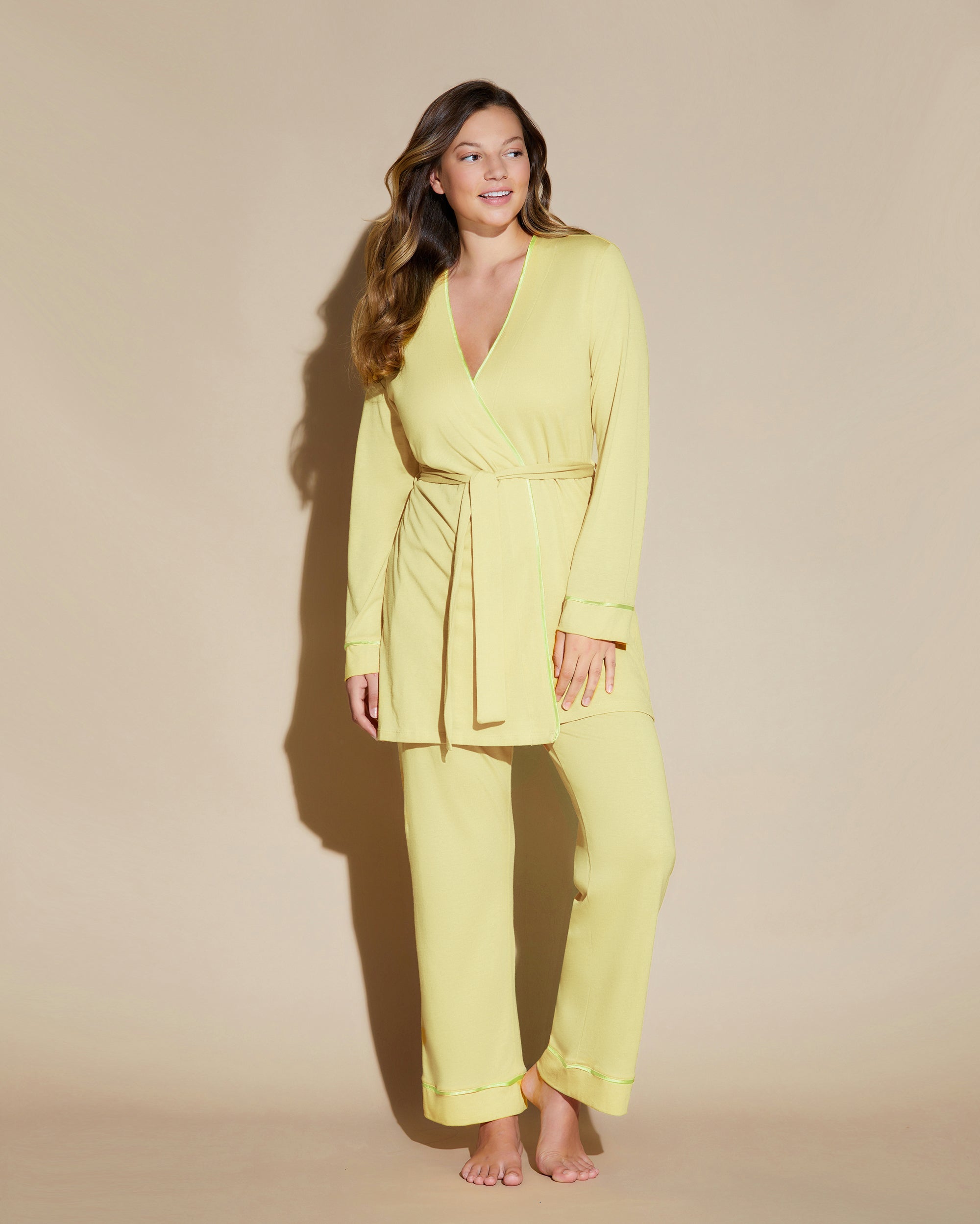 Jaune Ensemble - Bella Ensemble De Pyjama Caraco Dos Nageur, Robe De Chambre, Pantalon Curvy