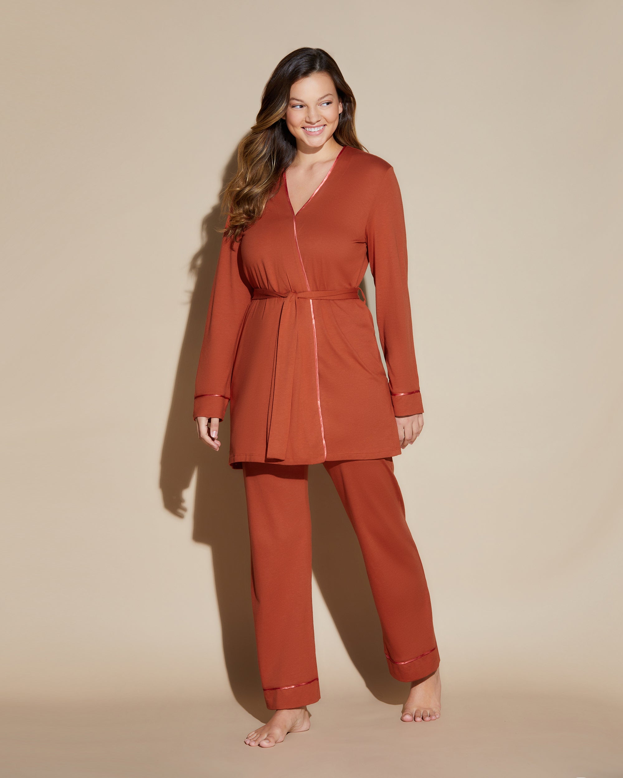 Orange Ensemble - Bella Ensemble De Pyjama Caraco Dos Nageur, Robe De Chambre, Pantalon Curvy