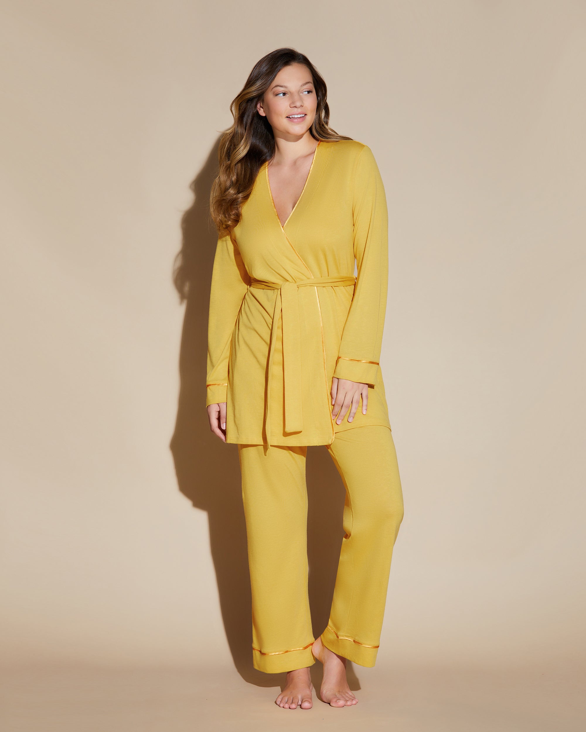 Yellow Set - Bella Curvy Racerback Cami, Pant And Robe Set