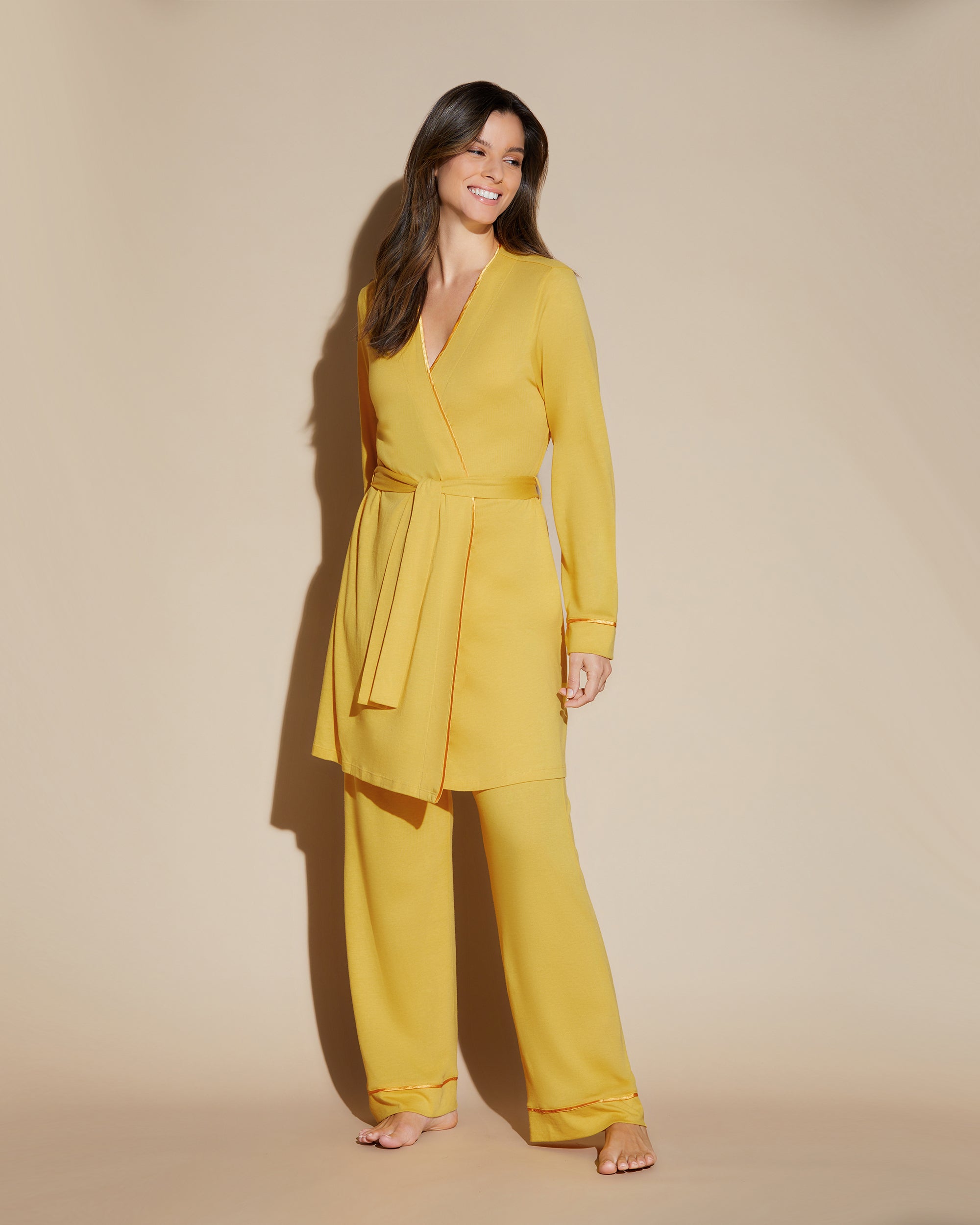Yellow Set - Bella Racerback Camisole, Robe And Pant Pajama Set