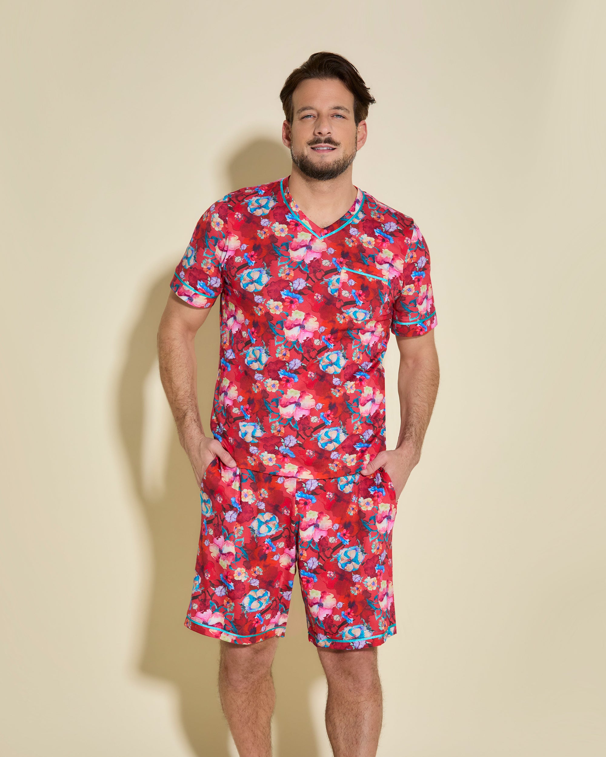 Estampado Conjuntos Para Hombres - Bella Printed Camisa Con Cuello En V Y Pantalones
