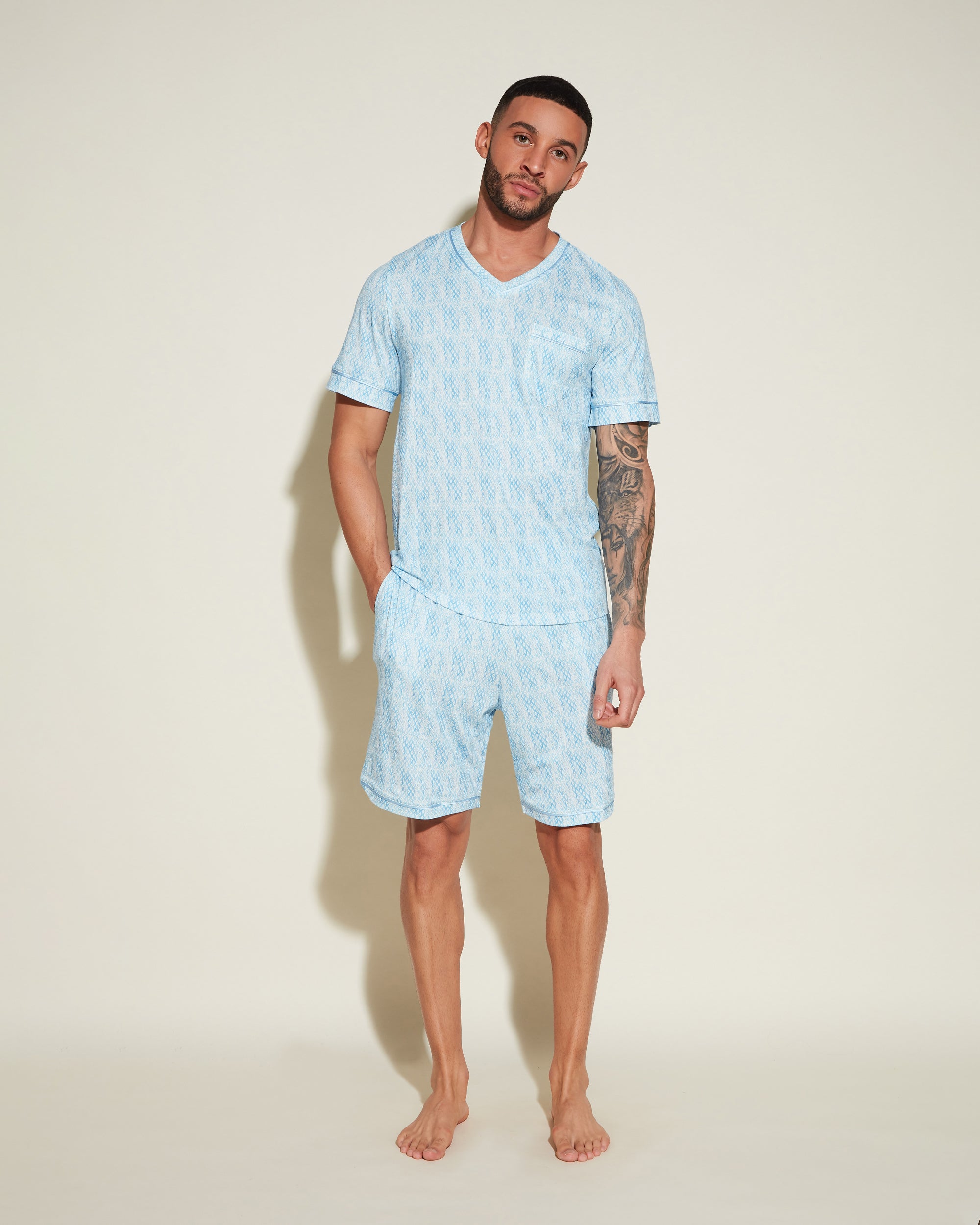 Estampado Conjuntos Para Hombres - Bella Printed Conjunto De Pijama Para Hombre Con Camisa De Manga Corta Y Pantalones Cortos