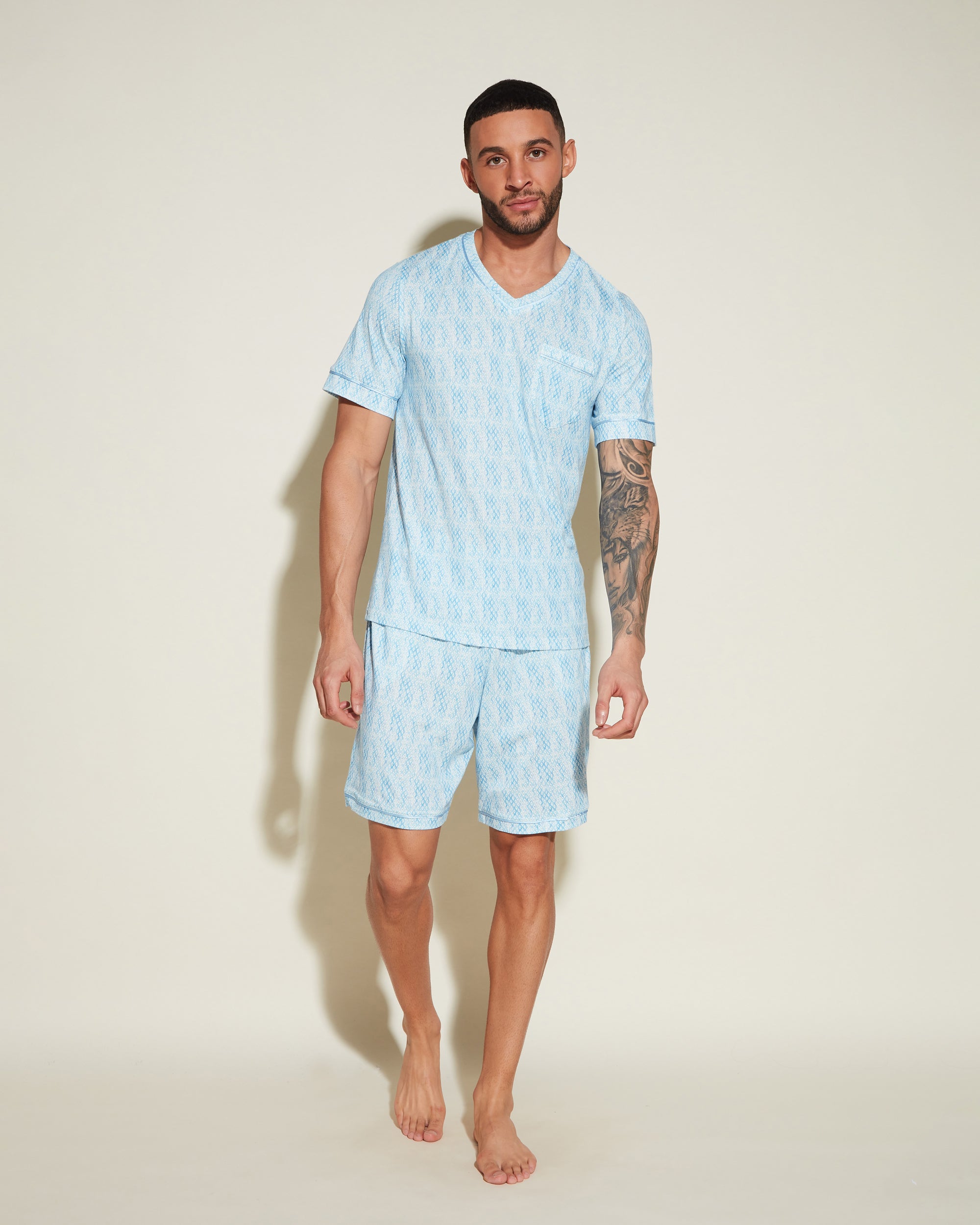 Estampado Conjuntos Para Hombres - Bella Printed Conjunto De Pijama Para Hombre Con Camisa De Manga Corta Y Pantalones Cortos