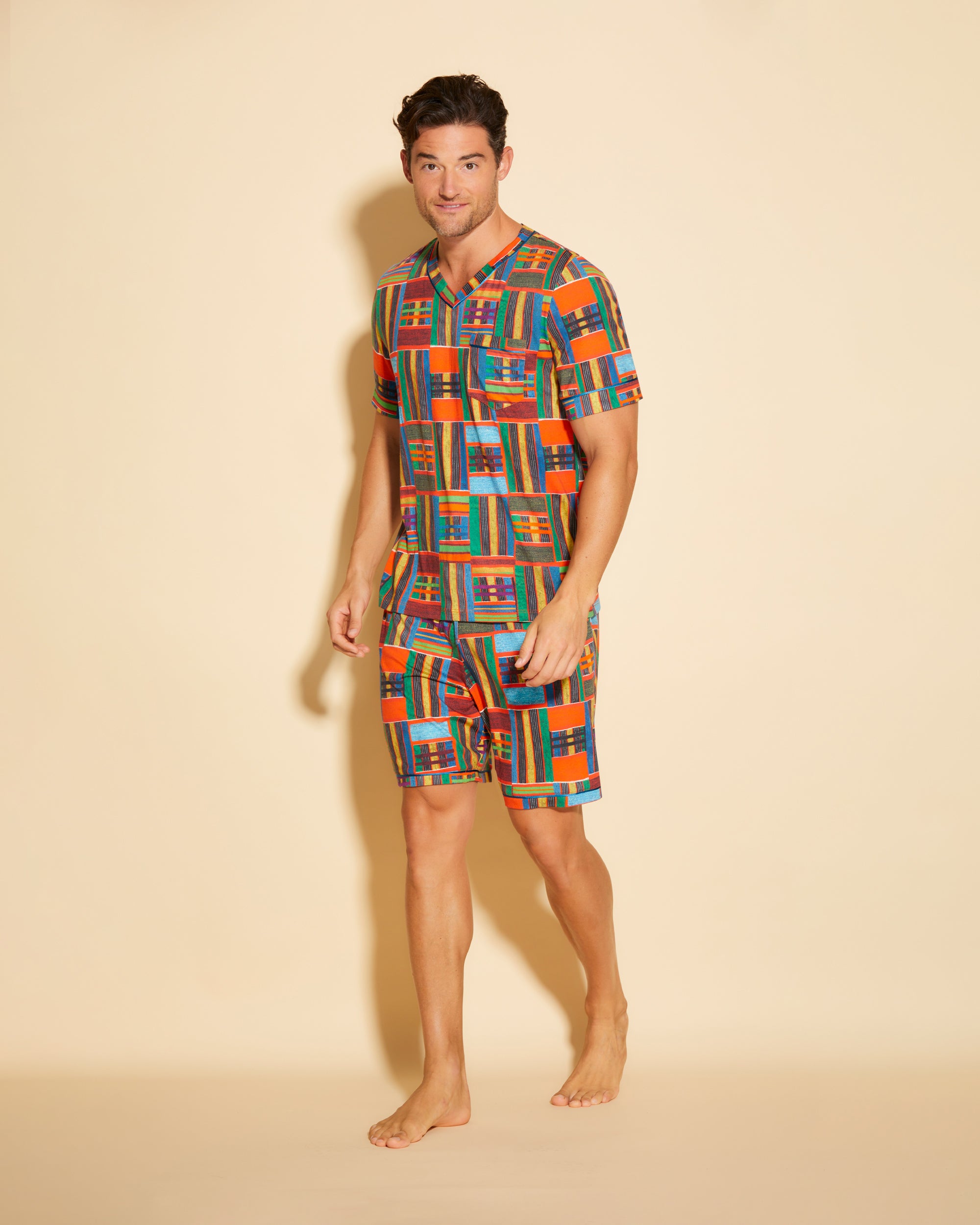 Estampado Conjuntos Para Hombres - Bella Printed Camisa Con Cuello En V Y Pantalones