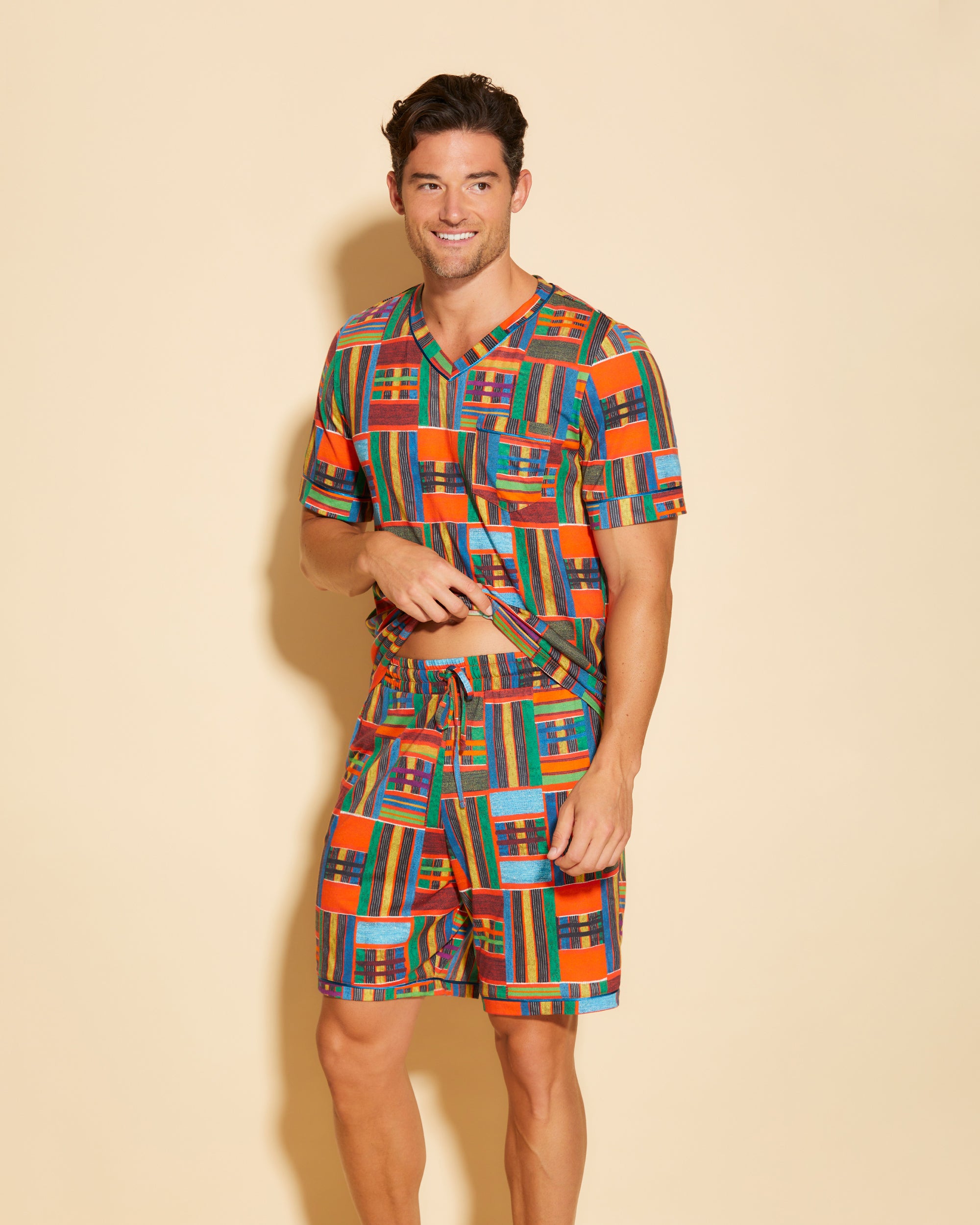 Gedruckt Herren-Sets - Bella Printed Shirt Und Hose Mit V-Ausschnitt